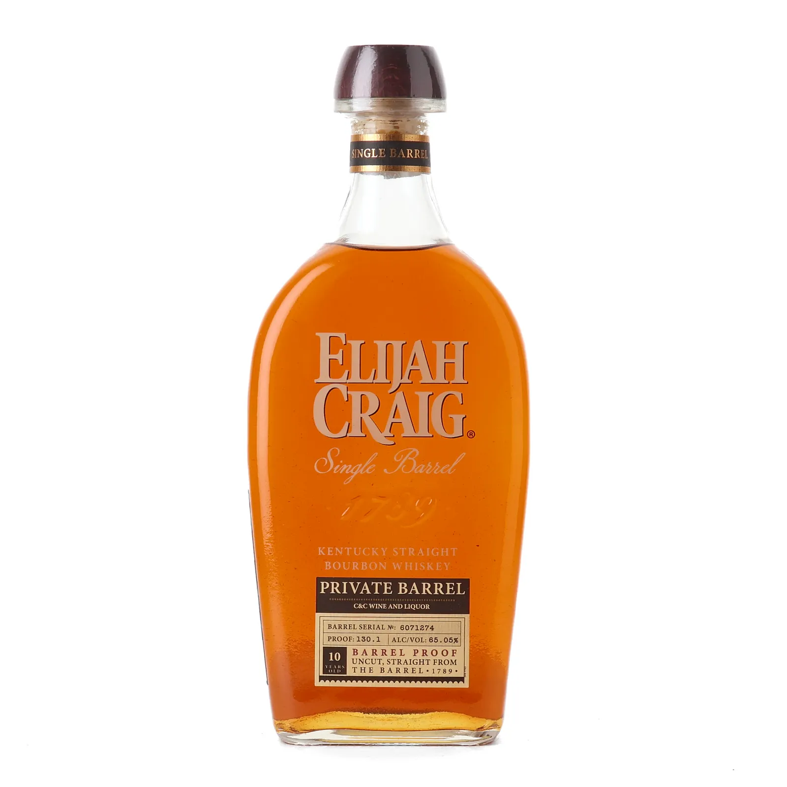 Elijah Craig Barrel Proof Private Barrel Selection 'C&C' 10 Year Old, New Charred Oak Cask, Cask #6071274, 65% whisky bottle