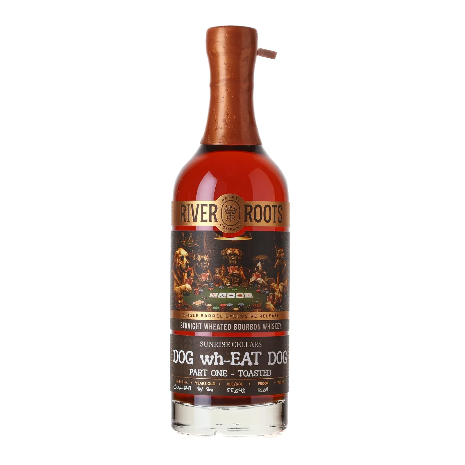 River Roots 8 Year Wheated Bourbon 'Dog Wh-Eat Dog - Toasted' Private Barrel Selection 8 Year Old, Toasted Oak Cask, Cask #CJ-WL843, River Roots Barrel Company, 55.04% whisky bottle