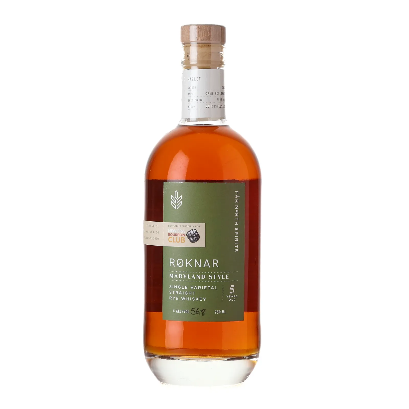 Far North Spirits Roknar Maryland Style Straight Rye Whiskey New Era Bourbon Club Private Barrel Selection 5 Year Old, Cask #20-0136, Batch No. 20E01, 2025, 56.8% whisky bottle