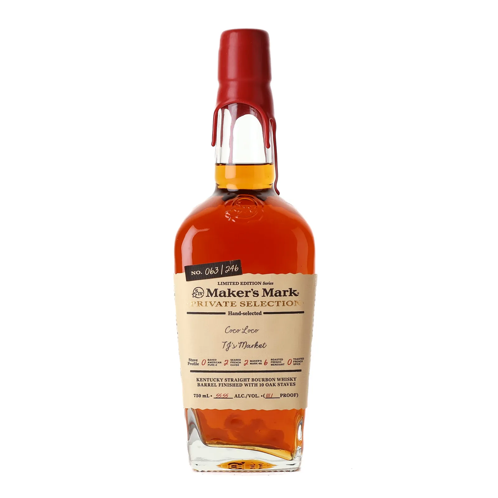 Maker's Mark Private Selection 'Coco Loco & TJ's Market', New Charred Oak Cask, Finished with Oak Staves, 55.5% whisky bottle