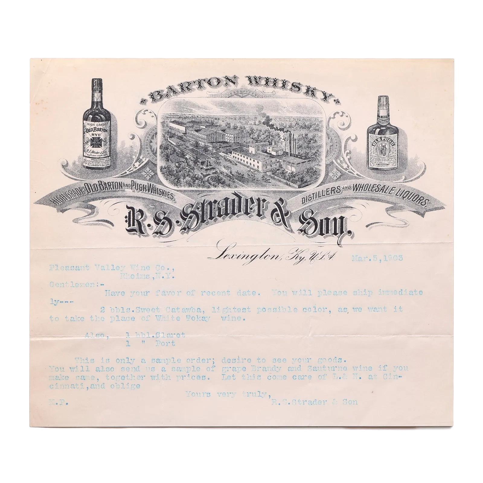 R.S. Strader & Son Barton Whisky Pre-Prohibition Ephemera (1903) whisky bottle