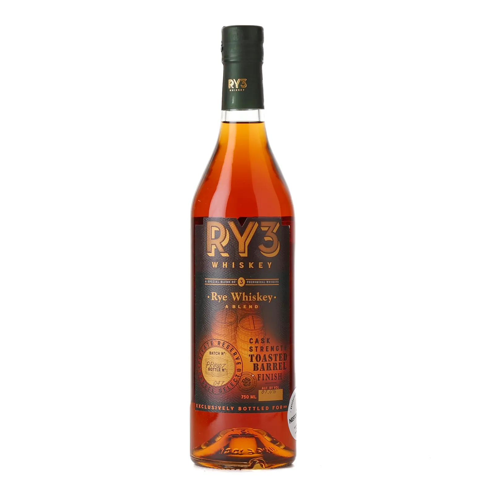 RY3 Toasted Barrel Finish Cask Strength Private Reserve Barrel Select Nestor Liquor, Toasted Cask, Batch No. PR#007, 67% whisky bottle