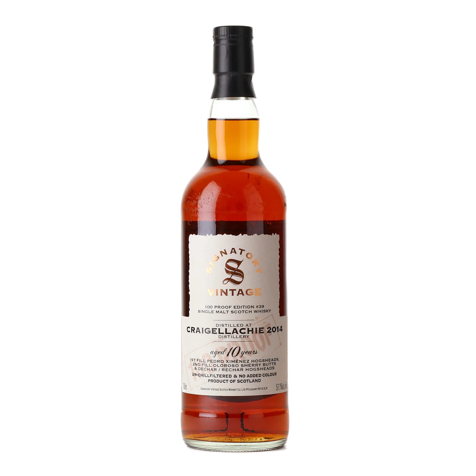 Craigellachie 2014 10 Year Old Signatory 100° Proof Edition #39, Sherry Cask, Hogshead Cask, 2014, Signatory Vintage, 57.1% whisky bottle