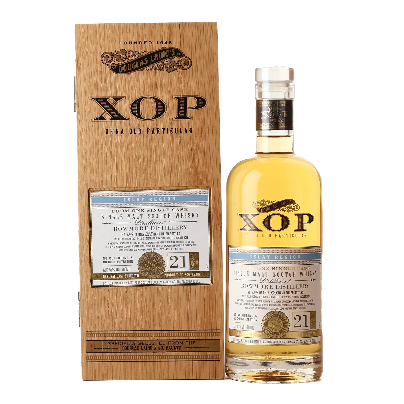 Bowmore XOP 21 Year Old, Refill Hogshead Cask, Cask No. D12812, 1997, Douglas Laing, 52% whisky bottle