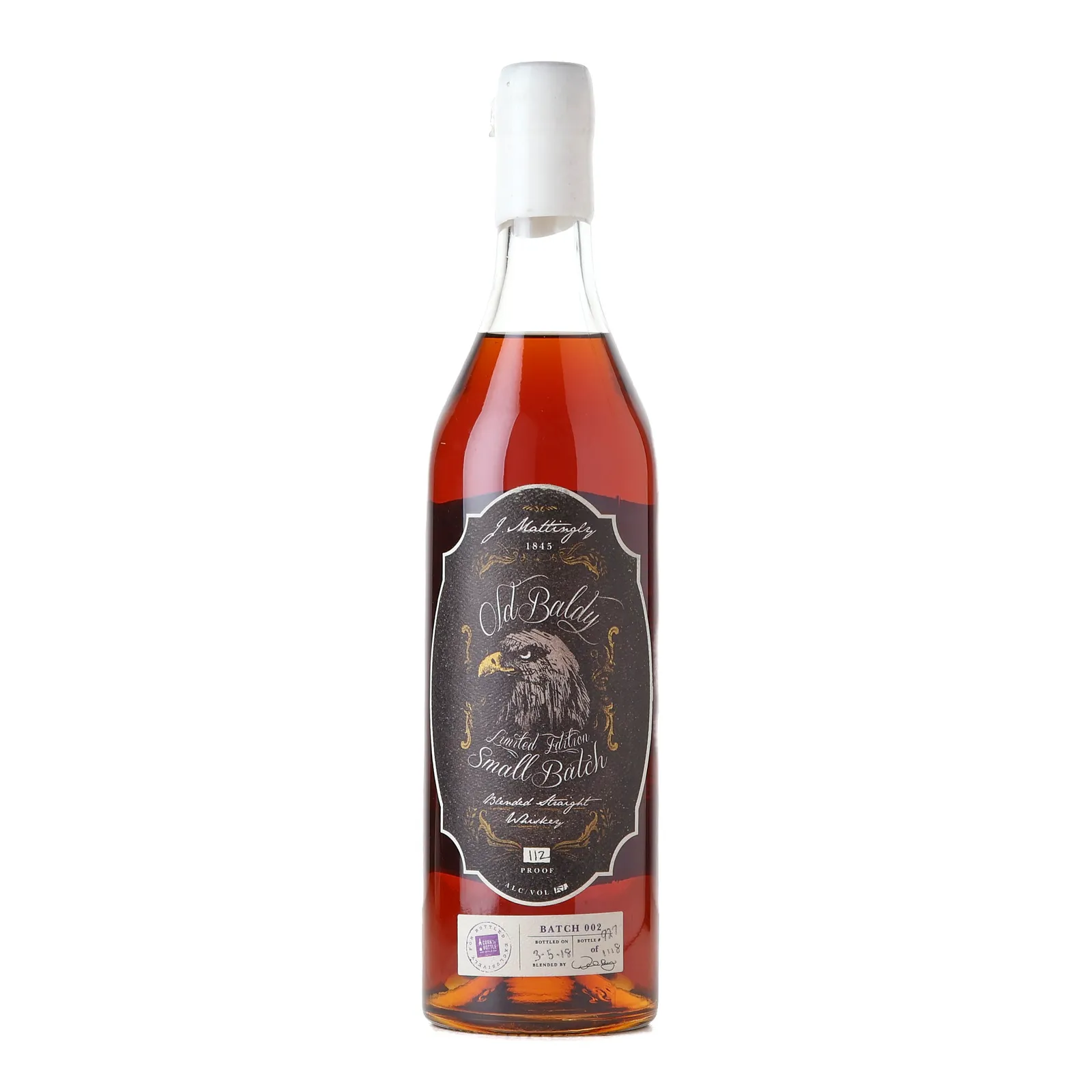 J. Mattingly Old Baldy Small Batch No. Blended Straight Whiskey, Batch No. 002, 2018, 56% whisky bottle