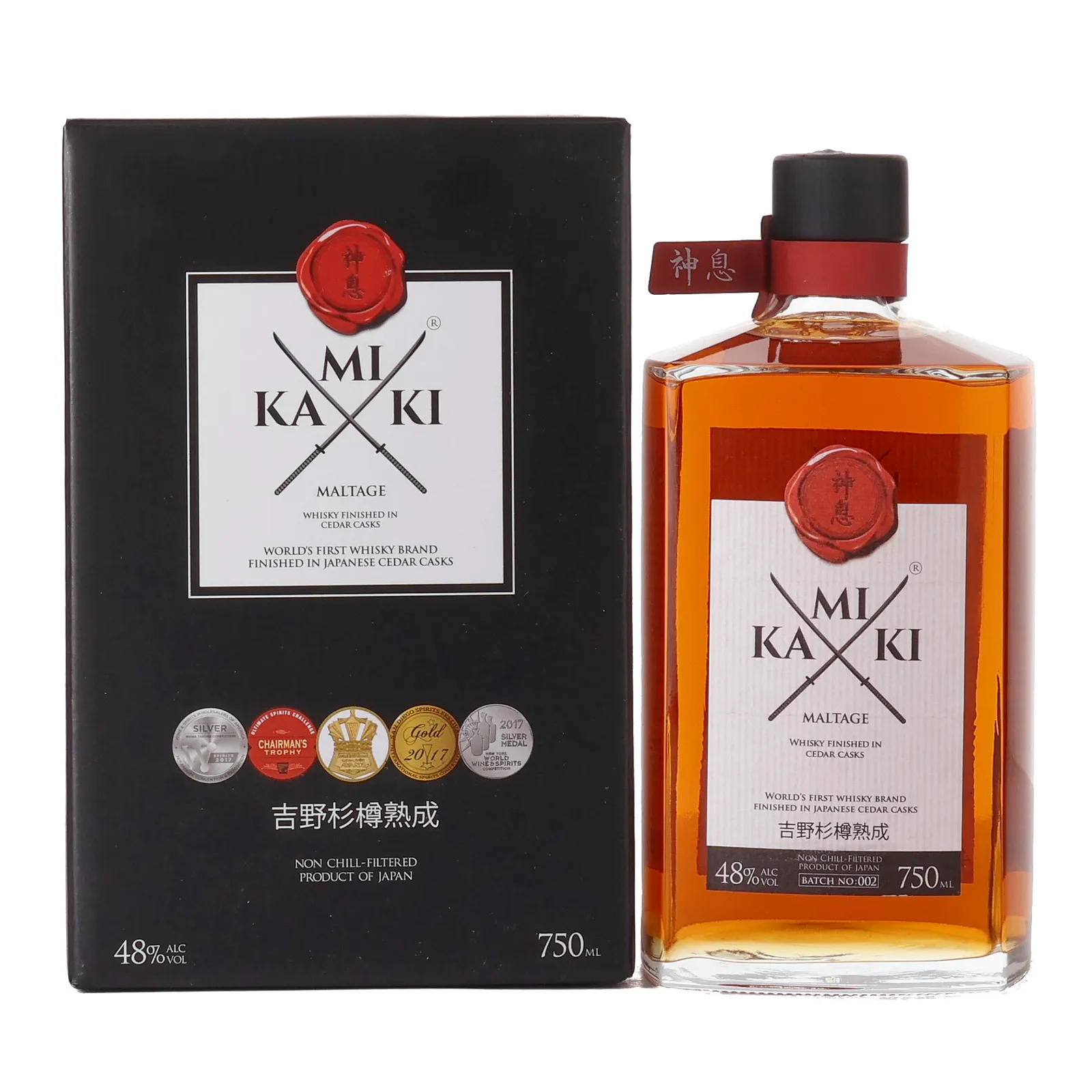 Kamiki Maltage, Cedar Cask, Batch No. 002, 48% whisky bottle