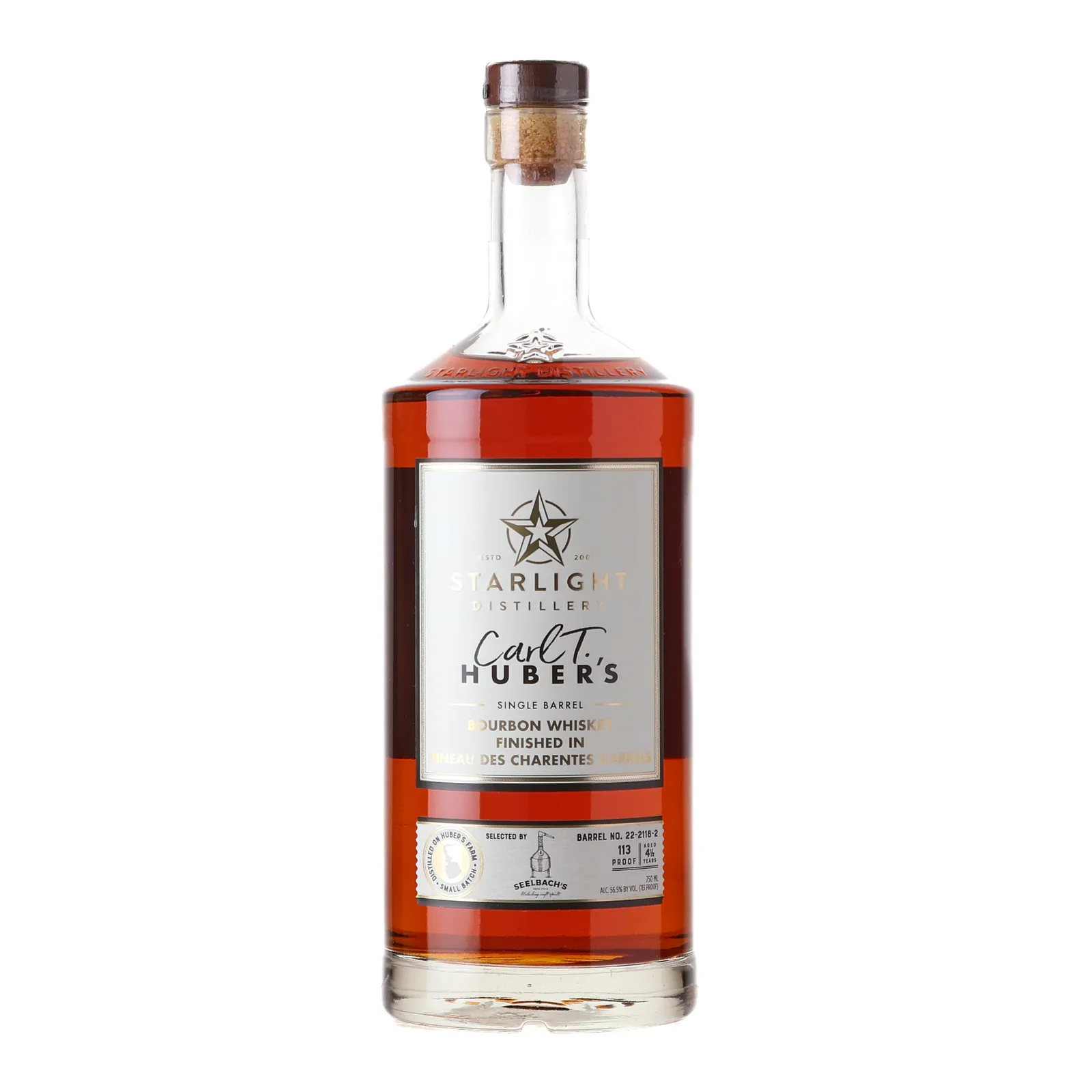 Starlight Carl T. Huber's Single Barrel Bourbon Whiskey Finished in Pineau des Charentes Barrels 4 Year Old, Pineau des Charentes Cask, Cask #22-2118-2, Seelbach's, 56.5% whisky bottle