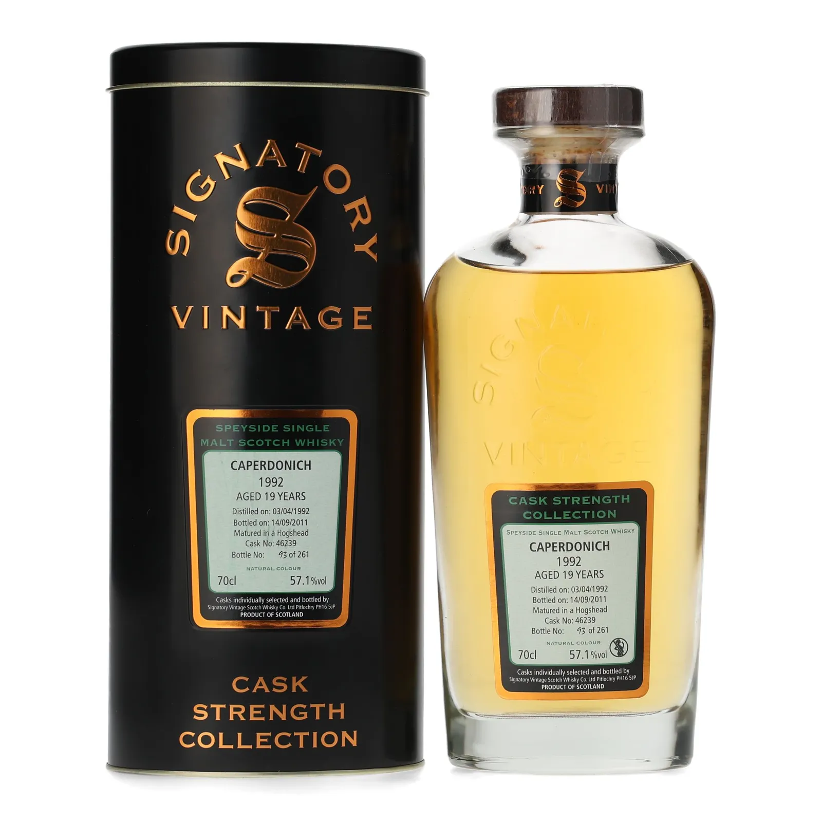 Caperdonich 19 Year Old, Hogshead Cask, Cask #46239, 1992, Signatory Vintage, 57.1% whisky bottle
