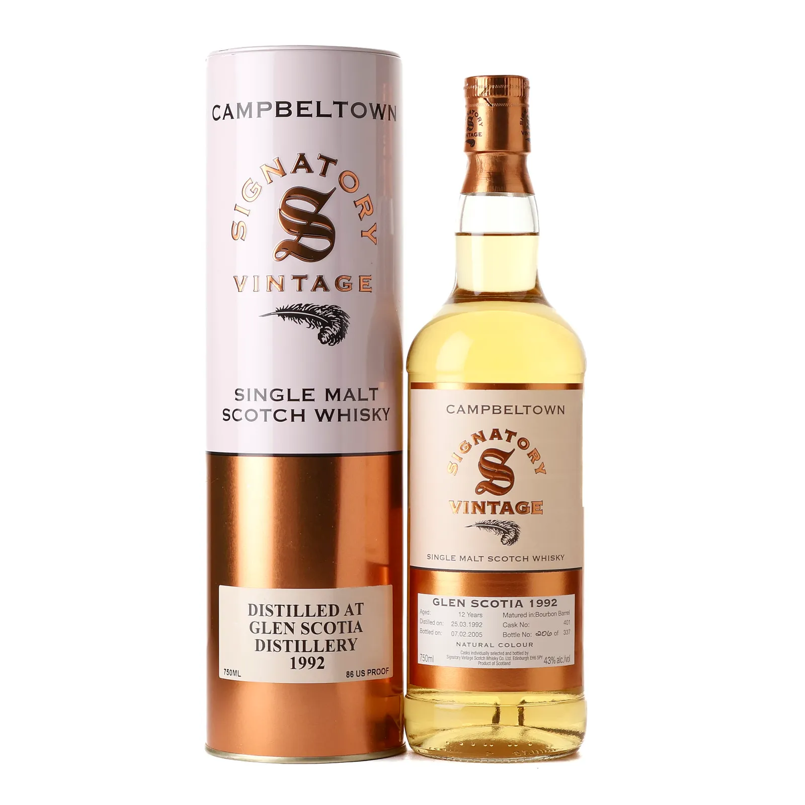 Glen Scotia 12 Year Old, Bourbon Cask, Cask #401, 1992, Signatory Vintage, 43% whisky bottle