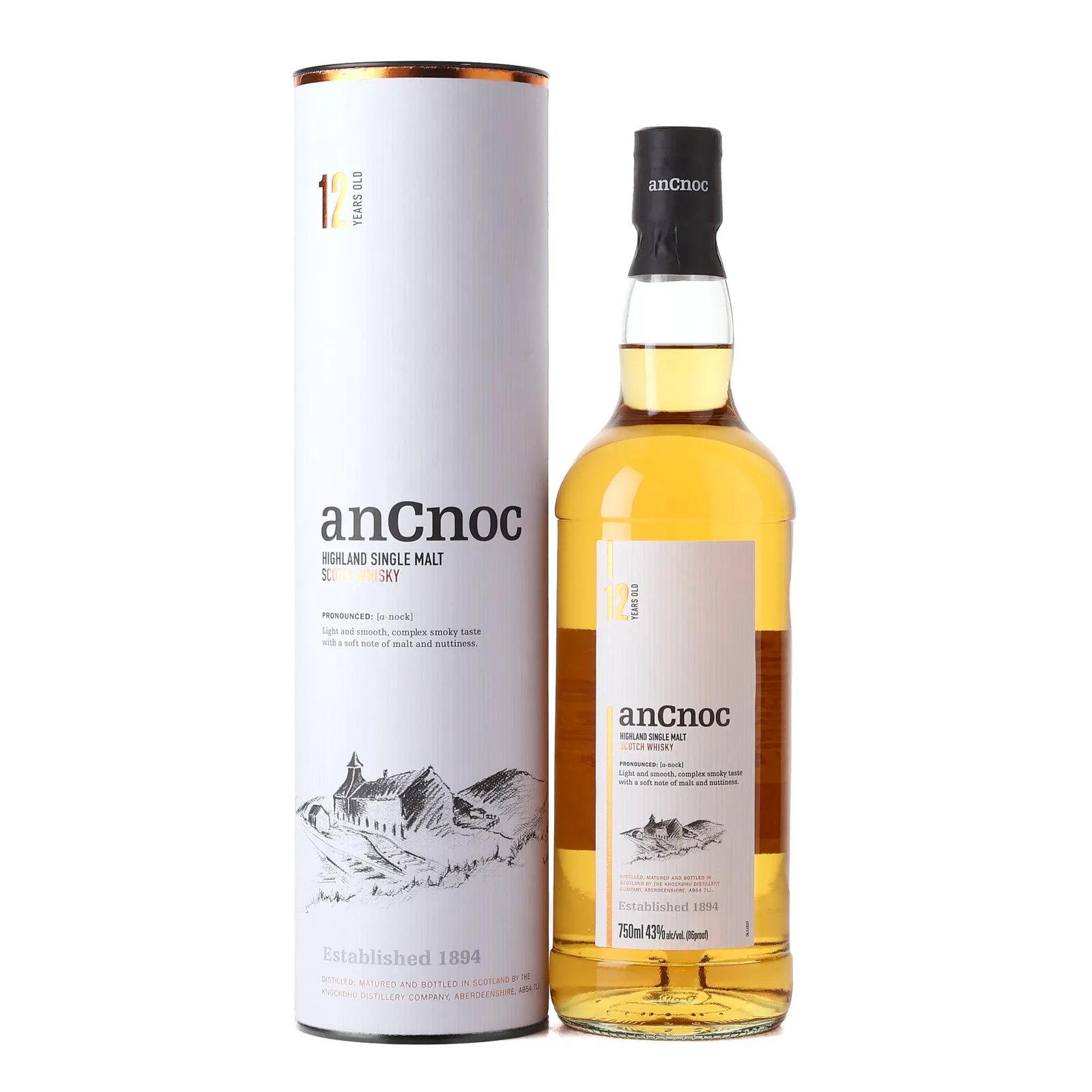 AnCnoc 12 Year Old, Bourbon & Sherry Cask, 43% whisky bottle