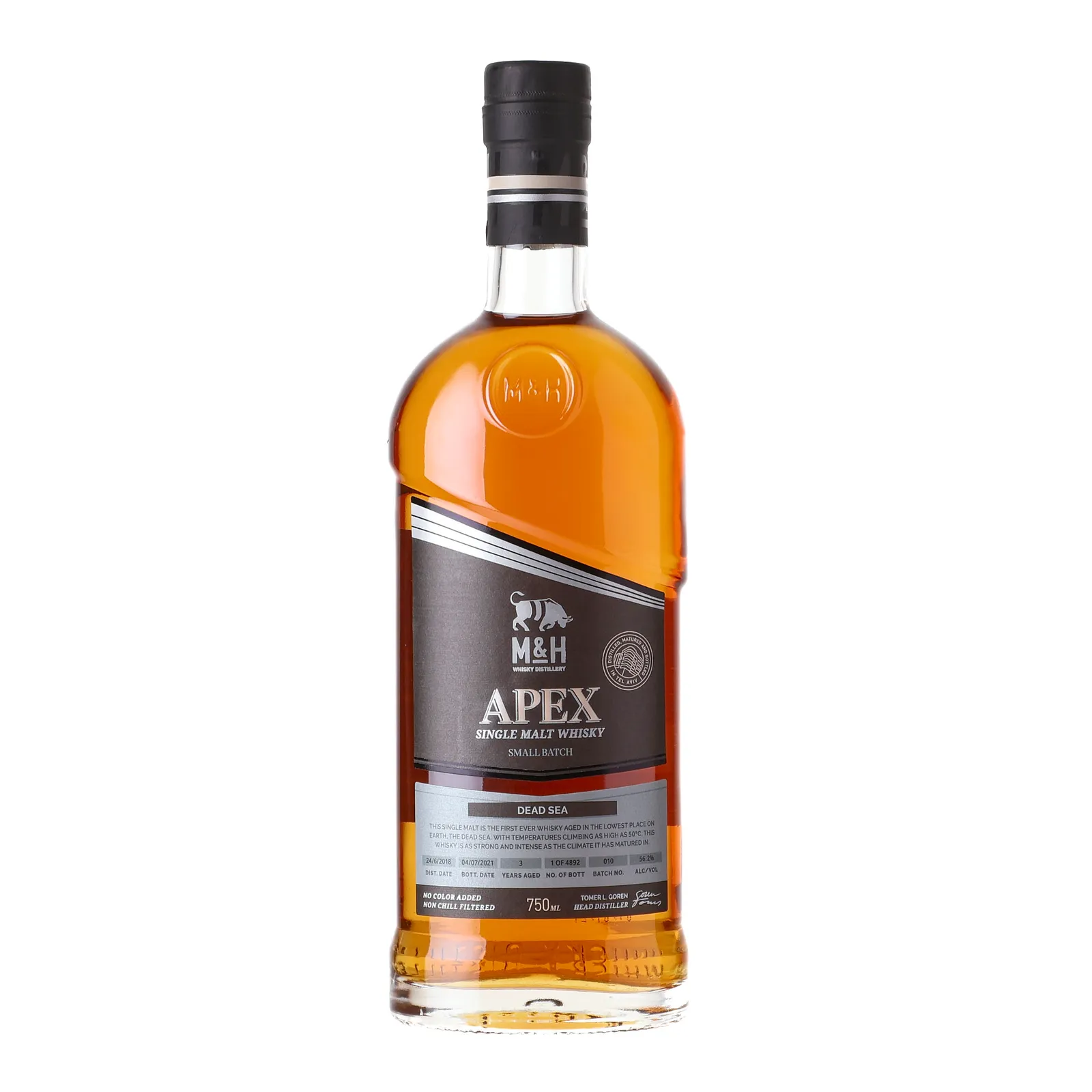M&H Apex Dead Sea 3 Year Old, Oak Cask, Batch No. 010, 2021, 56.2% whisky bottle
