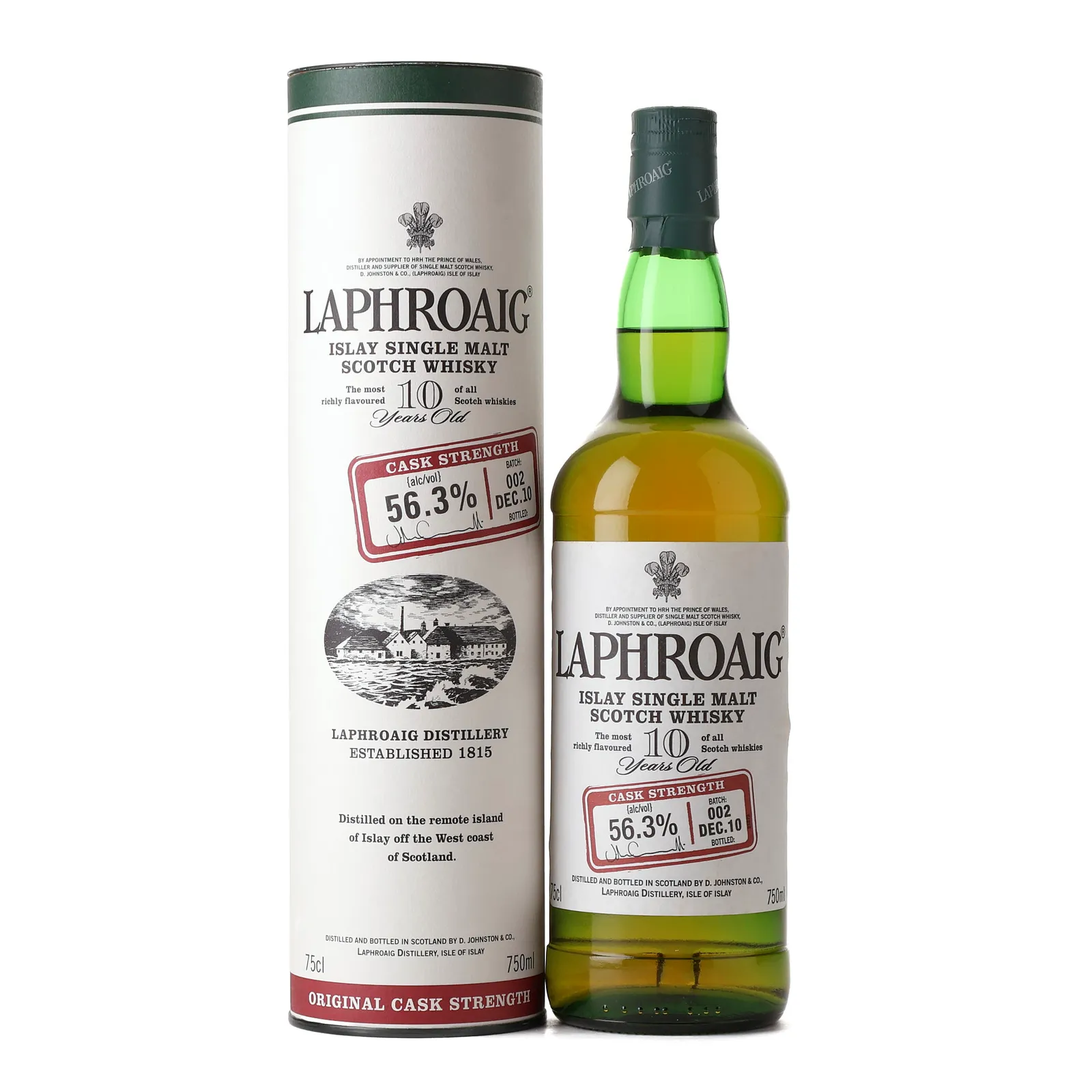 Laphroaig Original Cask Strength 10 Year Old, Bourbon Cask, Batch No. 002, 2010, 56.3% whisky bottle