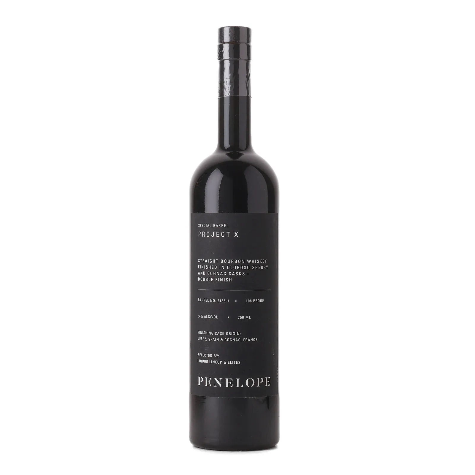 Penelope Project X Liquor Lineup & Elites Private Barrel Selection, Cognac & Sherry Cask, Cask #2136-1, 54% whisky bottle
