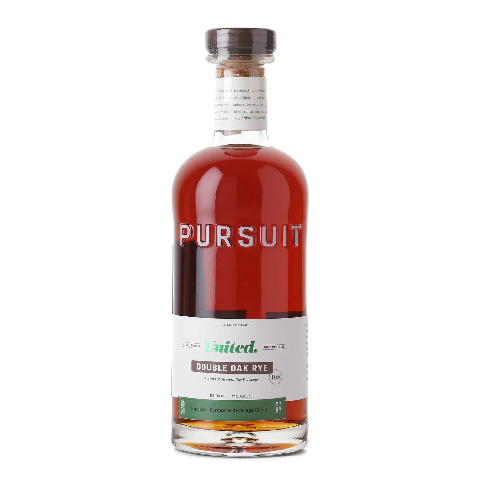 Pursuit Spirits United Double Oak Rye Stubborn German & Beverage Genie Private Select, Oak Cask, 54% whisky bottle