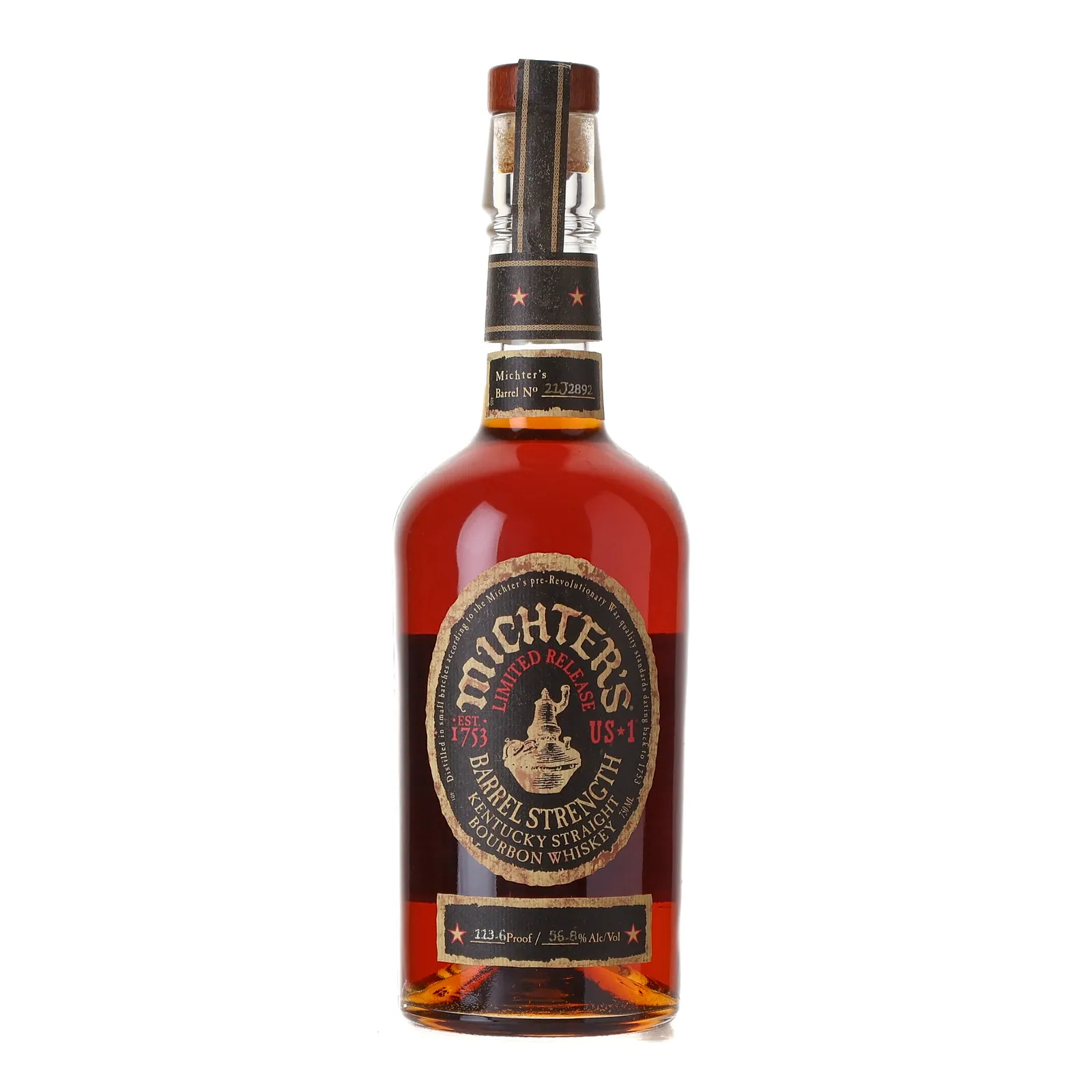 Michter's US*1 Barrel Strength Bourbon Limited Release, New American Oak Cask, Cask #22J2892, 2021, 56.8% whisky bottle
