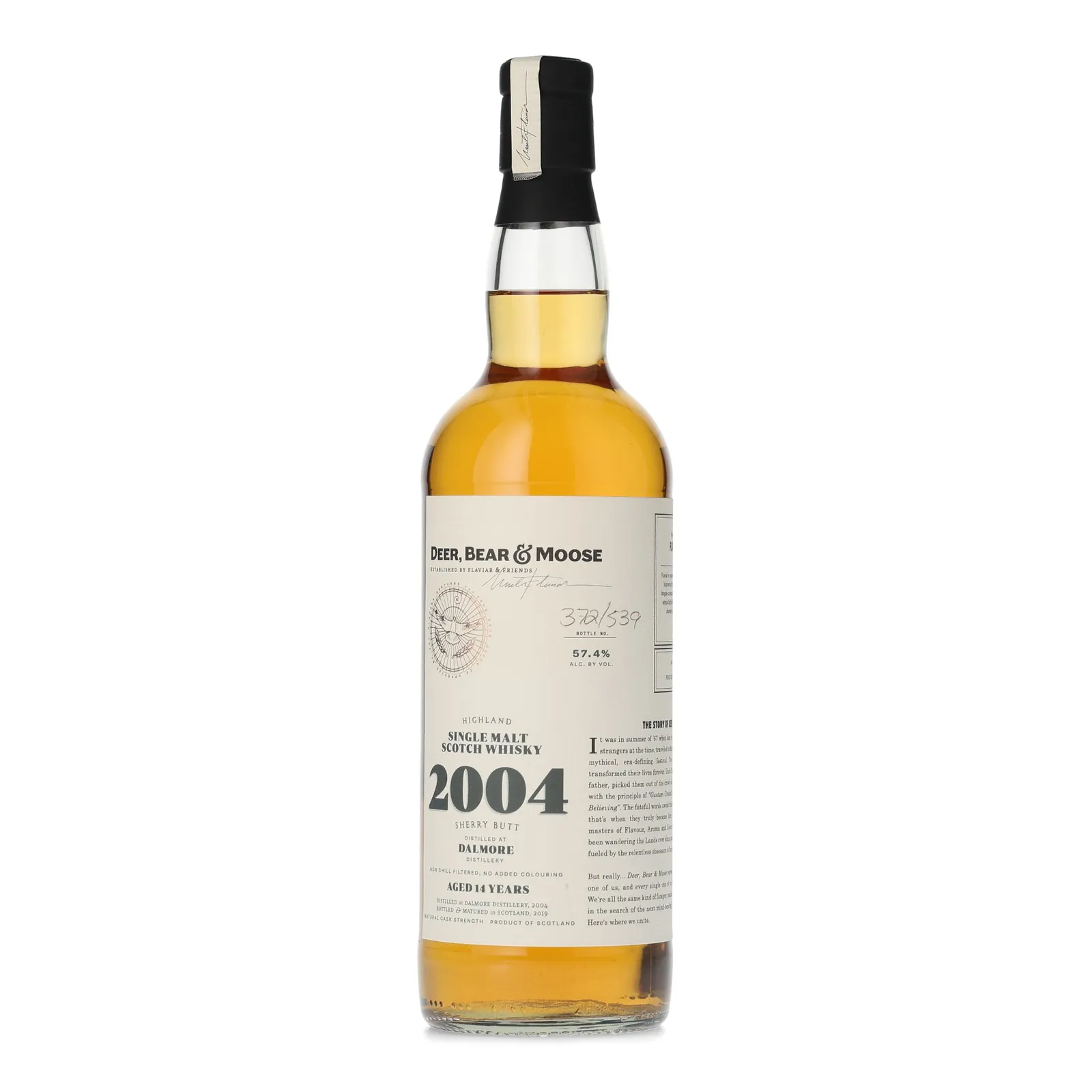 Dalmore Deer, Bear & Moose 14 Year Old, Sherry Cask, Cask #6529, 2004, Flaviar, 57.4% whisky bottle