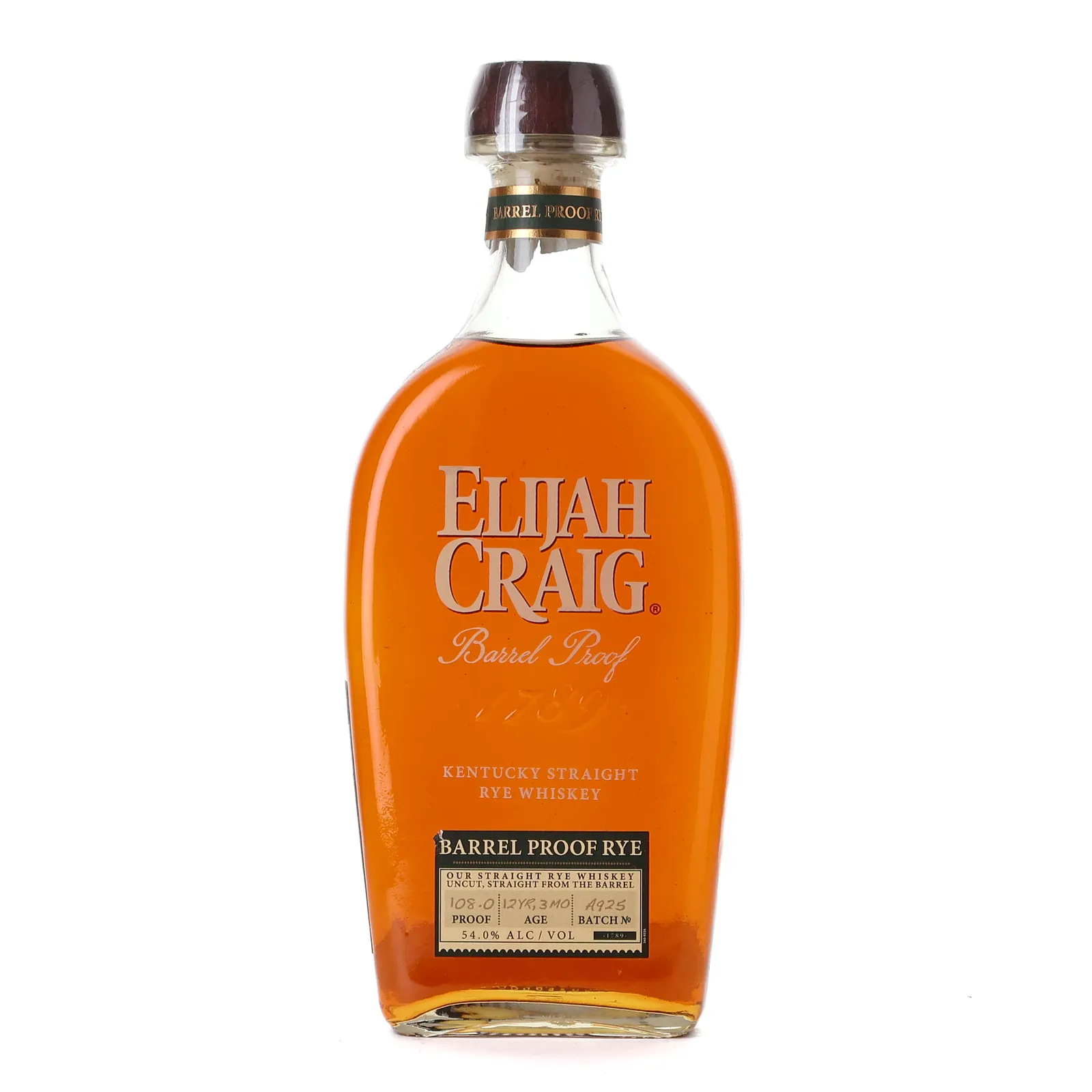 Elijah Craig Barrel Proof Rye 12 Year Old, Batch No. A925, 54% whisky bottle