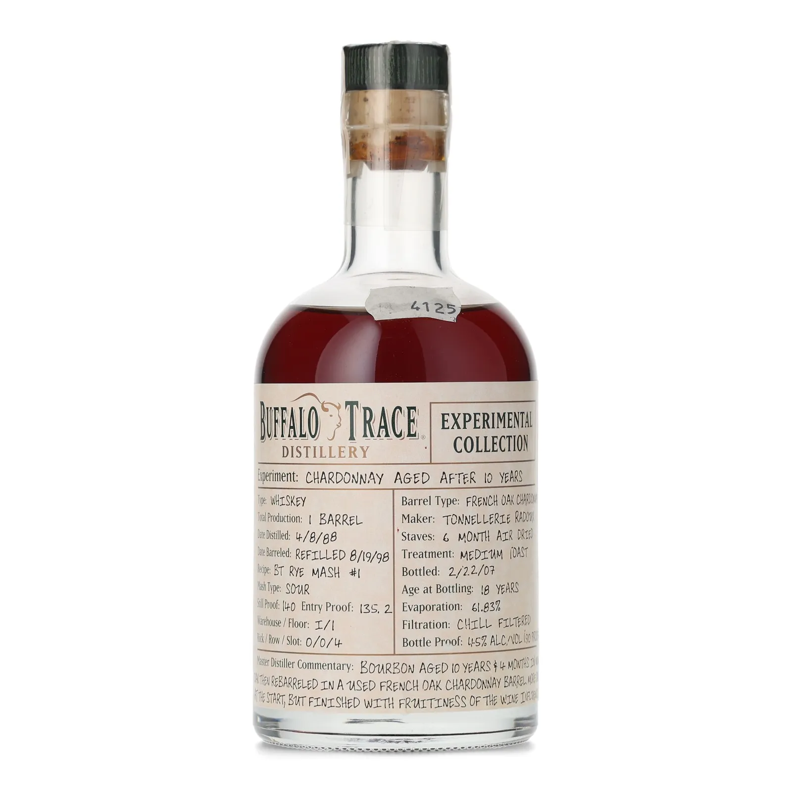 Buffalo Trace Experimental Collection Chardonnay Aged After 10 Years 18 Year Old, French Oak Cask, 2007, 45% whisky bottle