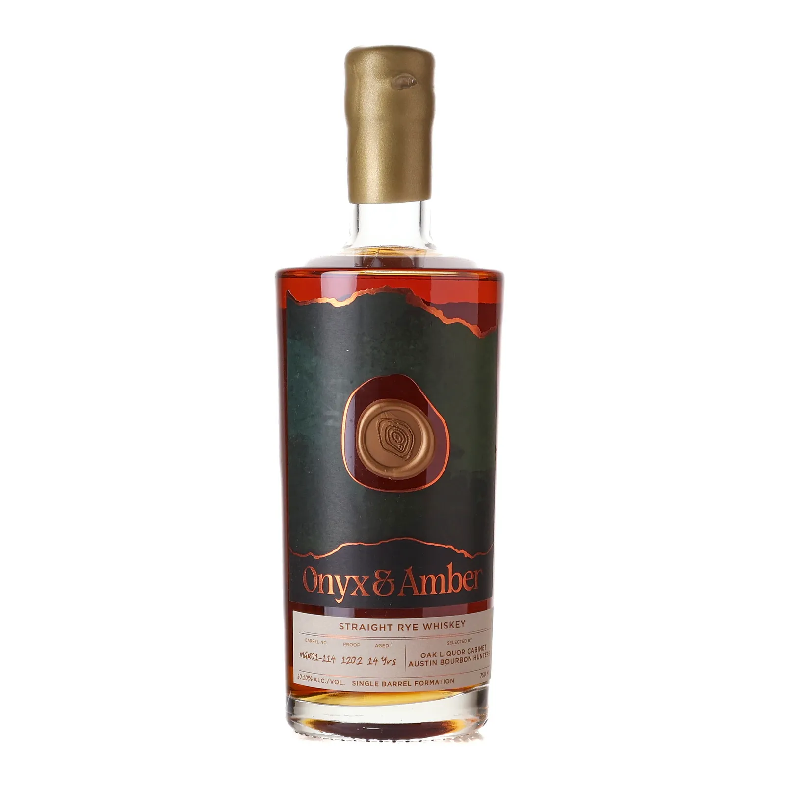 Onyx & Amber Straight Rye 'Oak Liquor Cabinet' 14 Year Old, New Charred Oak Cask, Cask #MGR01-114, 60.1% whisky bottle