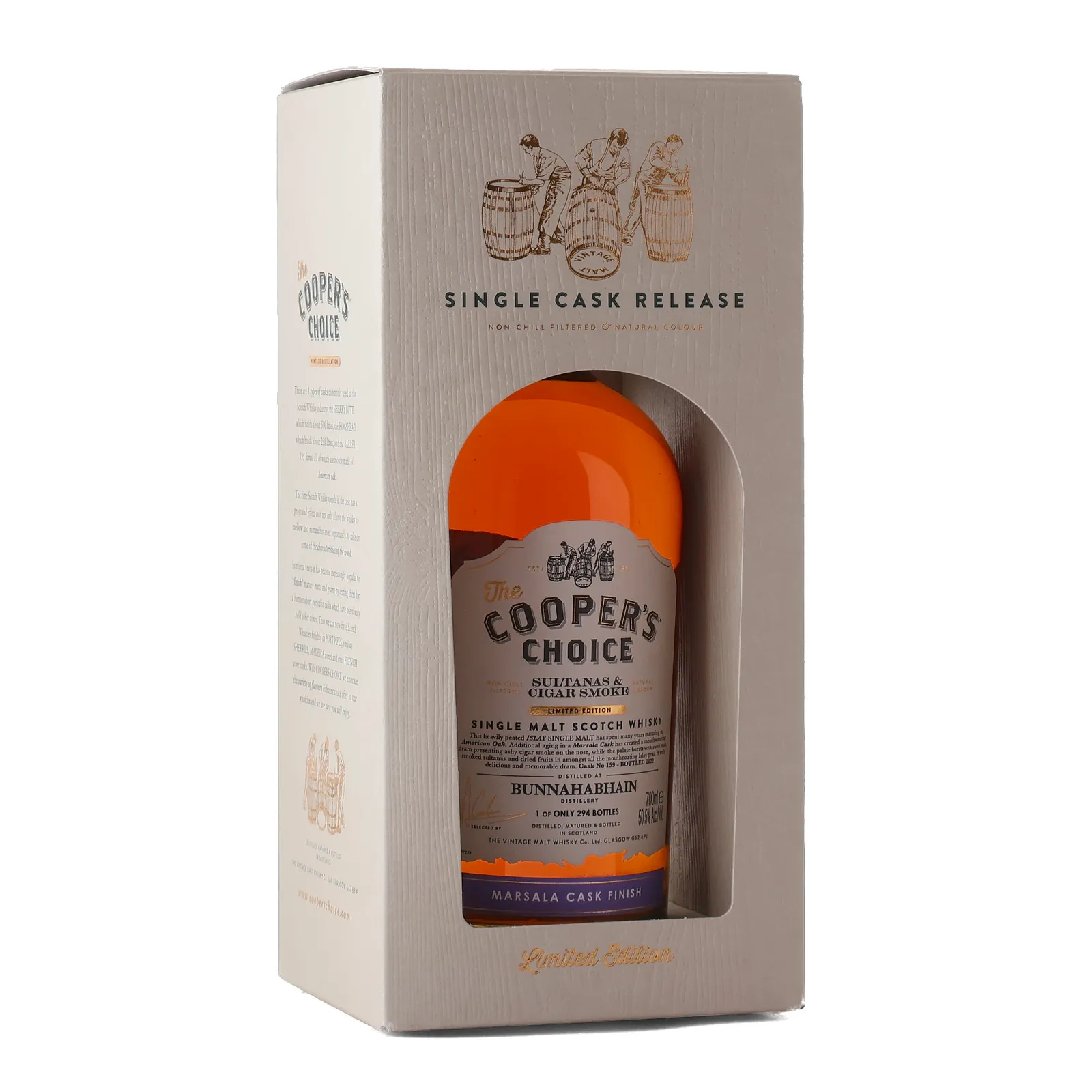 Bunnahabhain Sultanas & Cigar Smoke, Marsala Cask, Cask #159, The Cooper's Choice, 50.5% whisky bottle