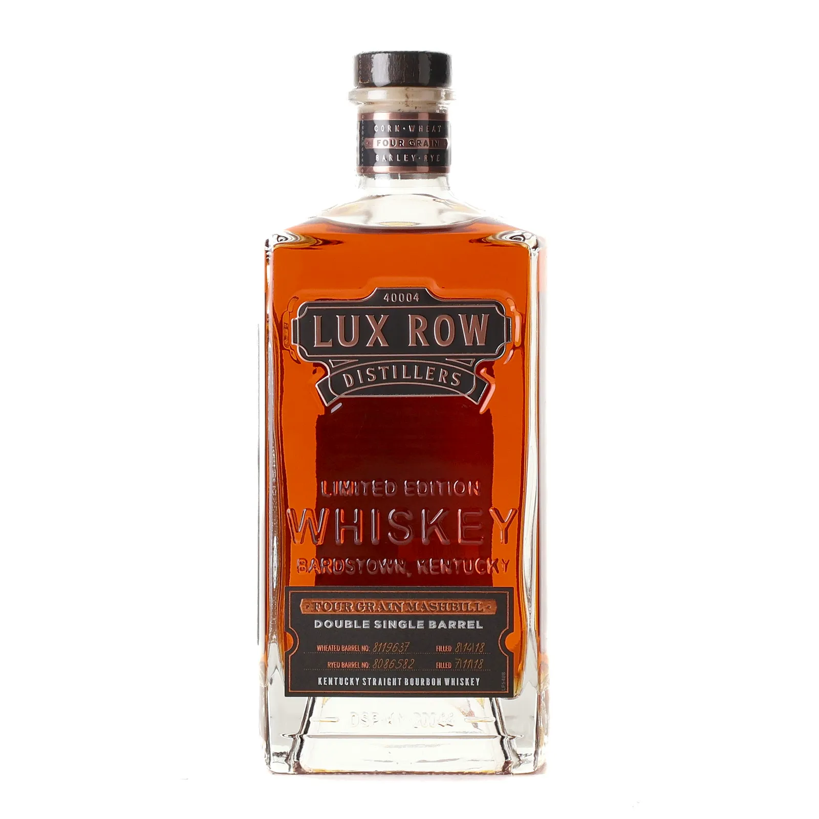 Lux Row Four Grain Mashbill Double Single Barrel 4 Year Old, New, Charred American Oak Cask, Cask #8119637 & 8086582, 57.5% whisky bottle