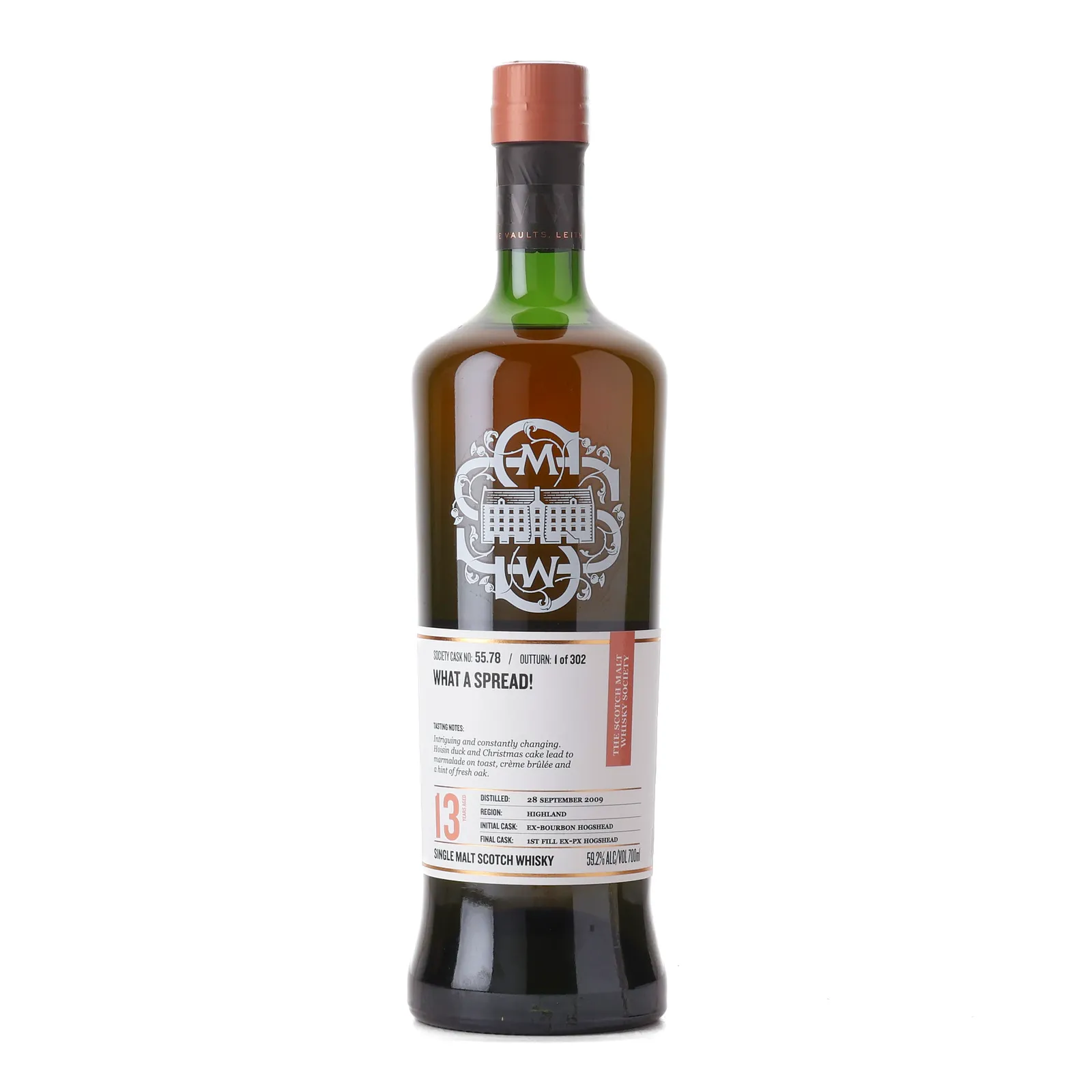 Royal Brackla What a Spread! 13 Year Old, Bourbon & Pedro Ximénez Cask, Cask #55.78, 2009, The Scotch Malt Whisky Society, 59.2% whisky bottle