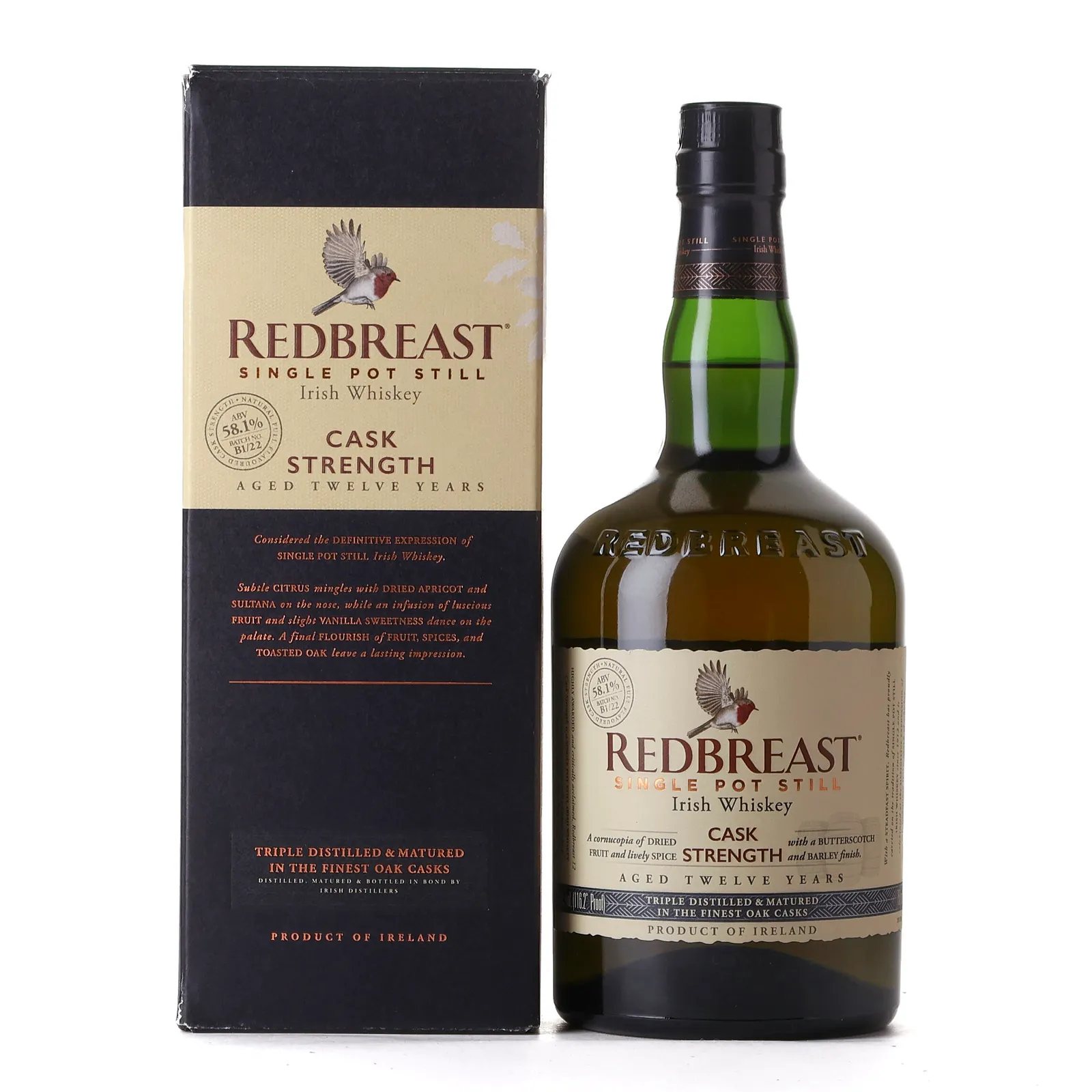 Redbreast Cask Strength 12 Year Old, Bourbon & Oloroso Sherry Cask, Batch No. B1/22, 2022, 58.1% whisky bottle