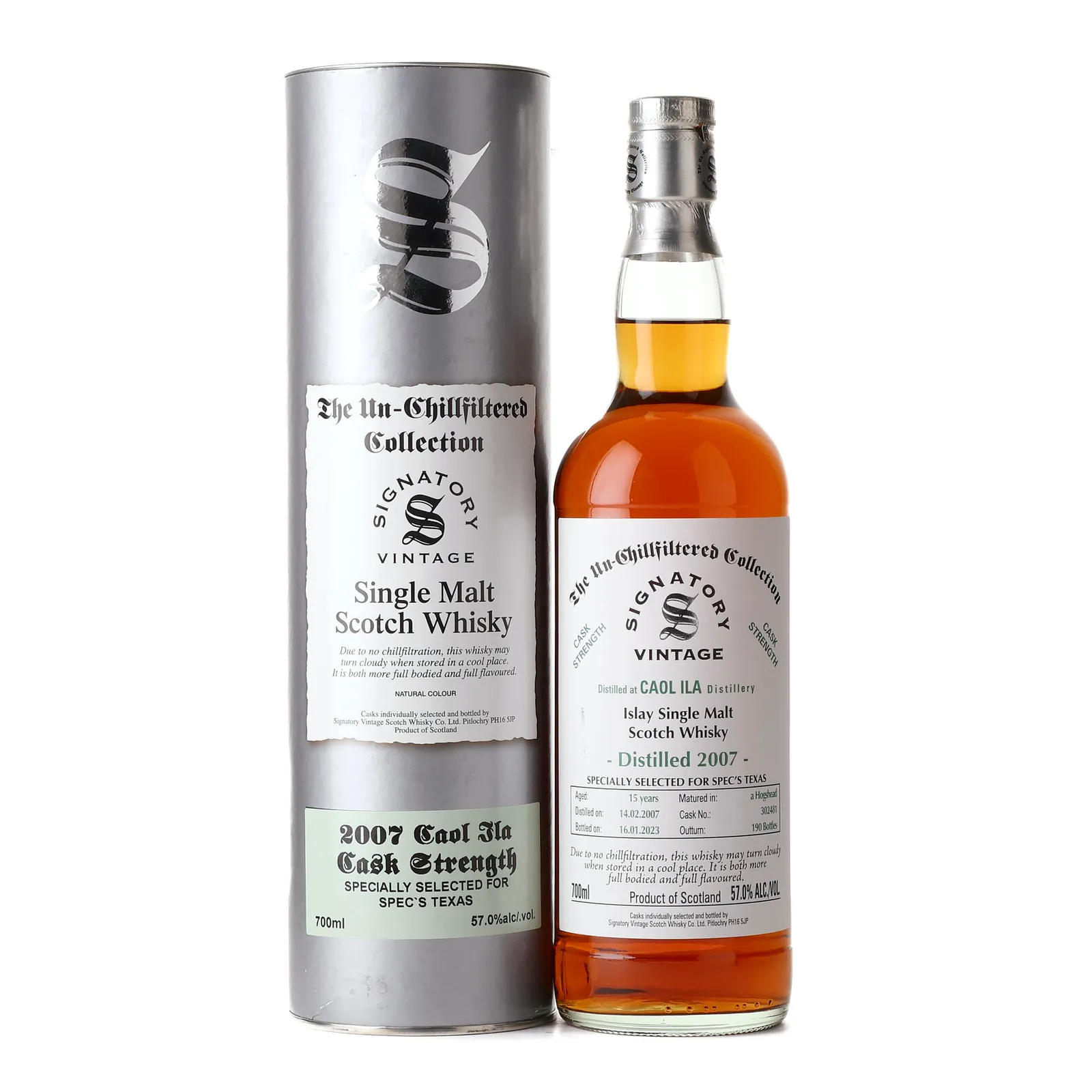 Caol Ila 15 Year Old, Hogshead Cask, Cask #302481, 2007, Signatory Vintage, 57% whisky bottle