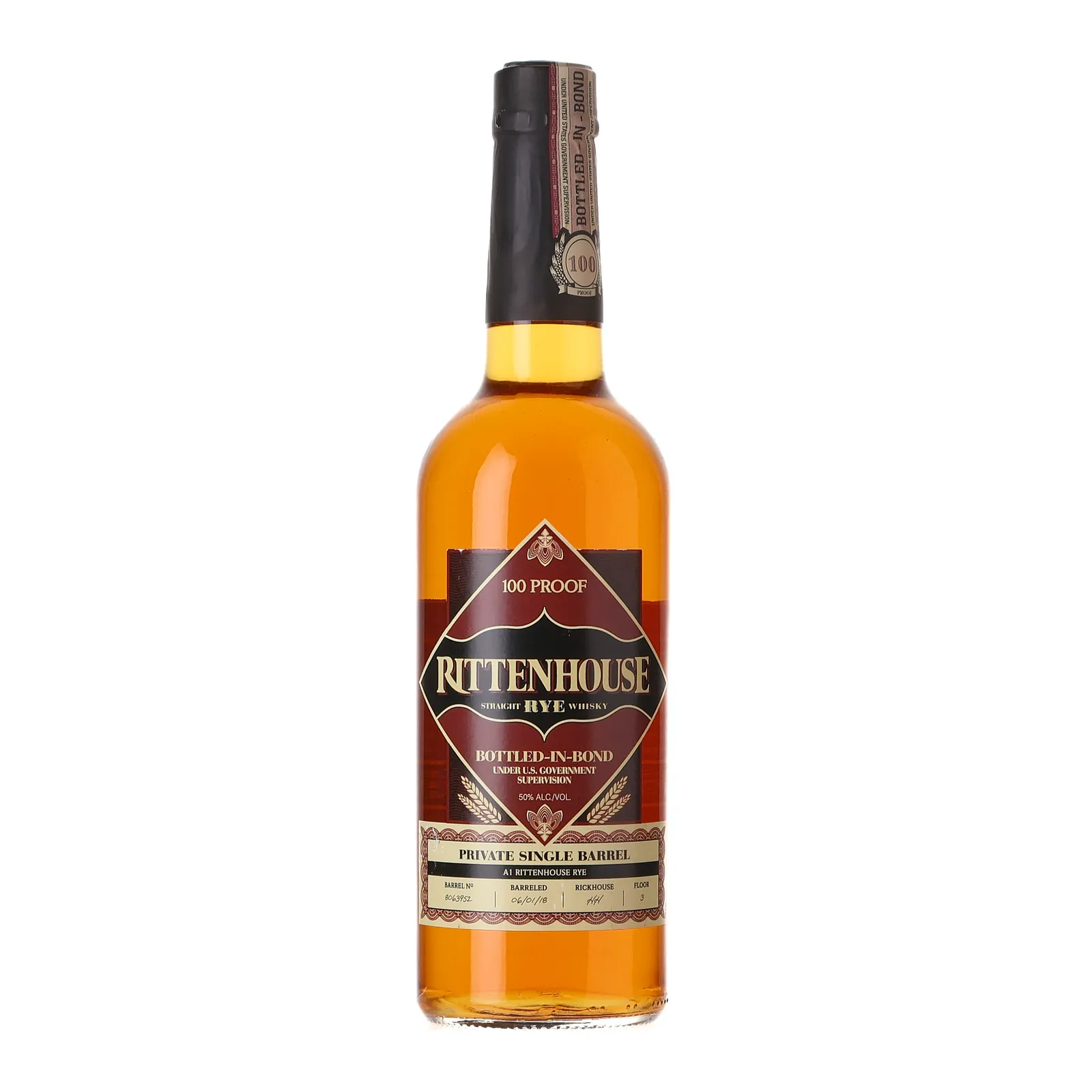 Rittenhouse Bottled-In-Bond Rye 'A1' Private Barrel Selection, Virgin Oak Cask, Cask #6143972, 50% whisky bottle