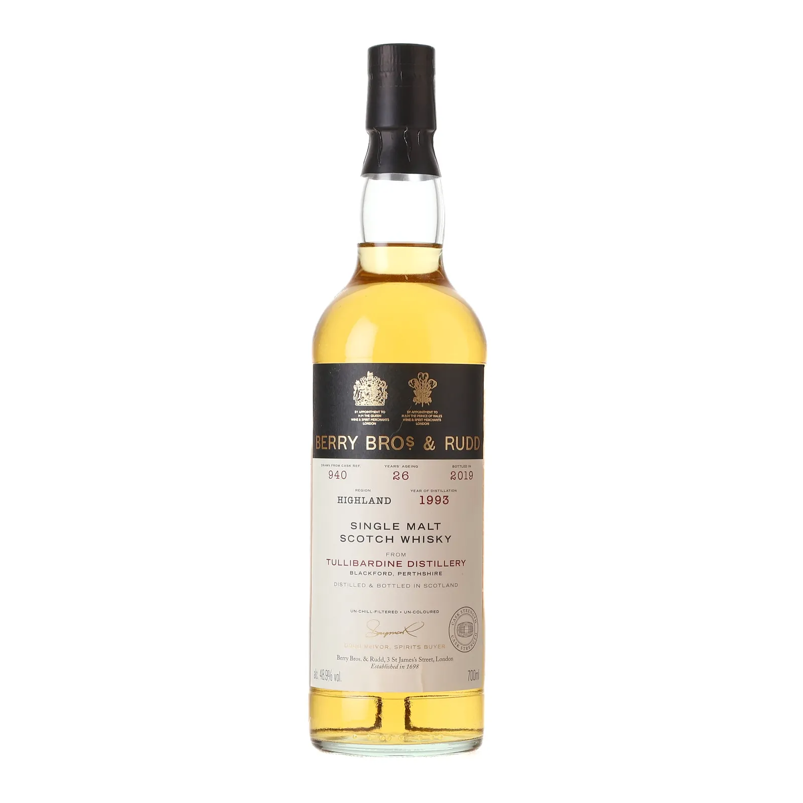 Tullibardine 26 Year Old, Hogshead Cask, Cask #940, 1993, Berry Bros. & Rudd, 48.9% whisky bottle