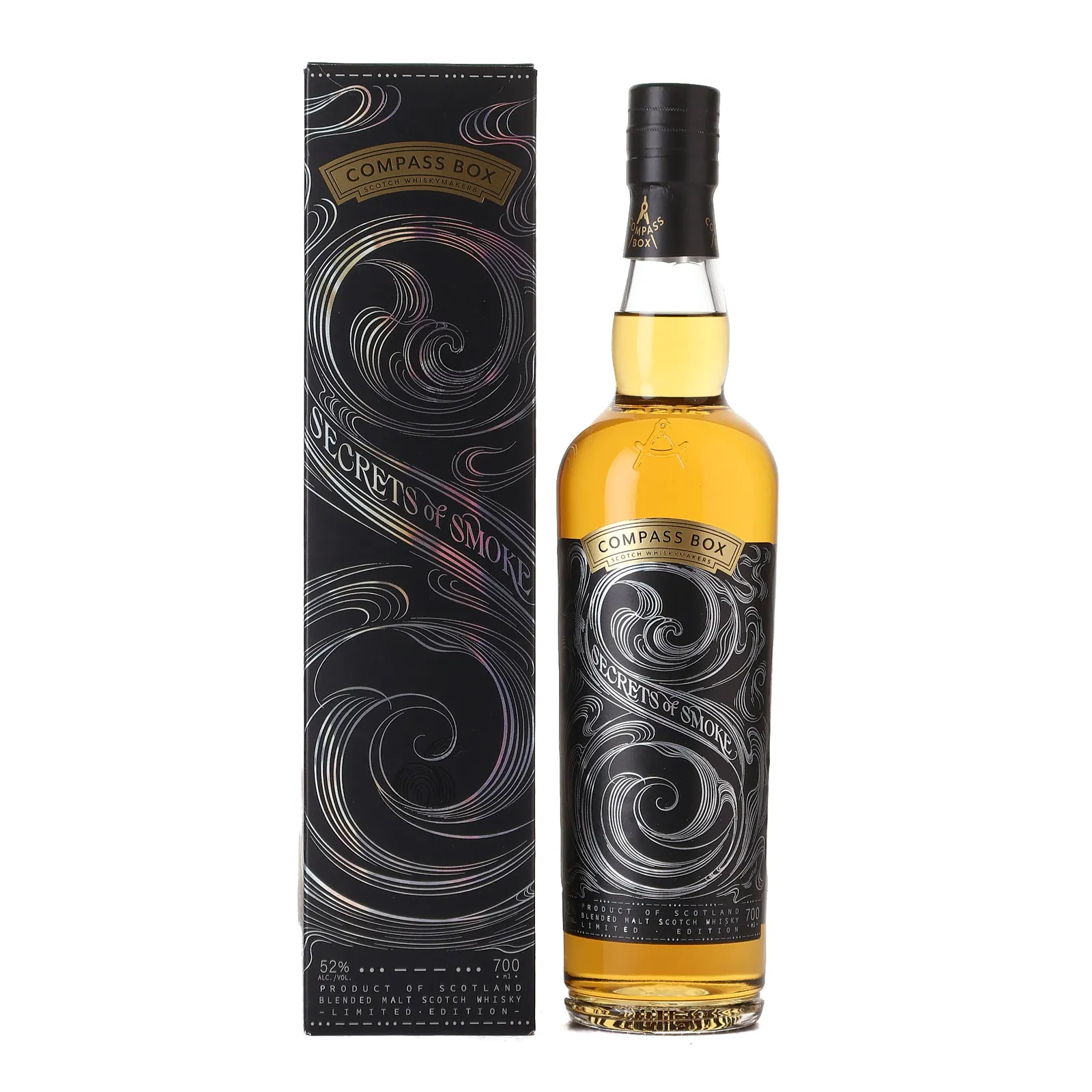 Compass Box Secrets of Smoke, Palo Cortado Sherry Cask, Marsala Wine Cask, Red Wine Cask, Sherry Hogshead, Bourbon Barrel, Recharred American Oak Hogshead, 2024, Compass Box, 52% whisky bottle