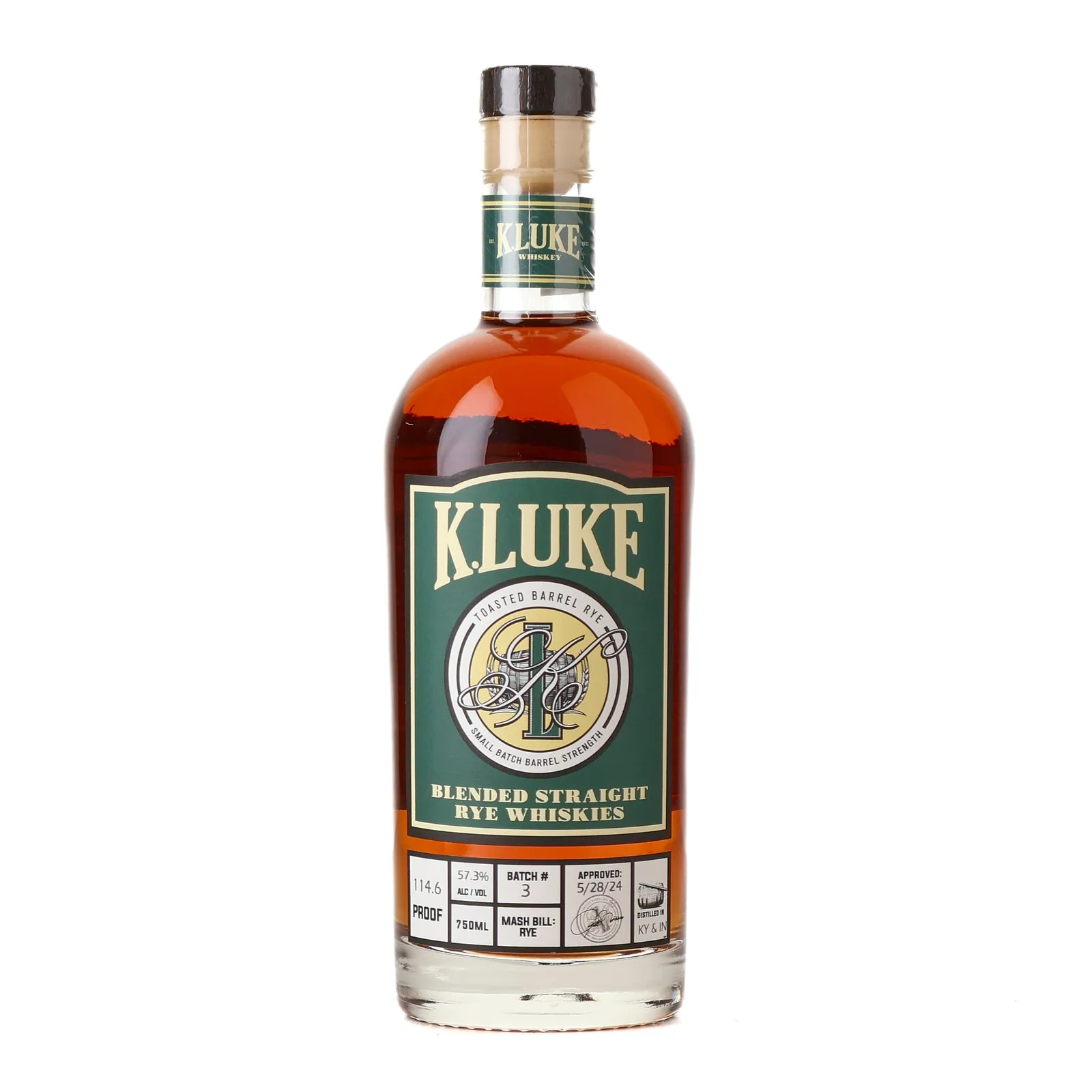 K. Luke Toasted Barrel Blended Rye, Toasted Barrel Cask, Batch No. 3, 2024, 57.3% whisky bottle