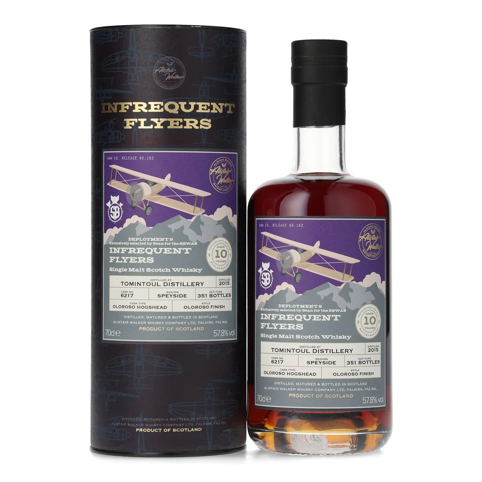 Tomintoul Infrequent Flyers SBWAS Deployment 9 10 Year Old, Oloroso Sherry Hogshead Cask, Cask #9814, 2015, Alister Walker Whisky Company, 57.8% whisky bottle
