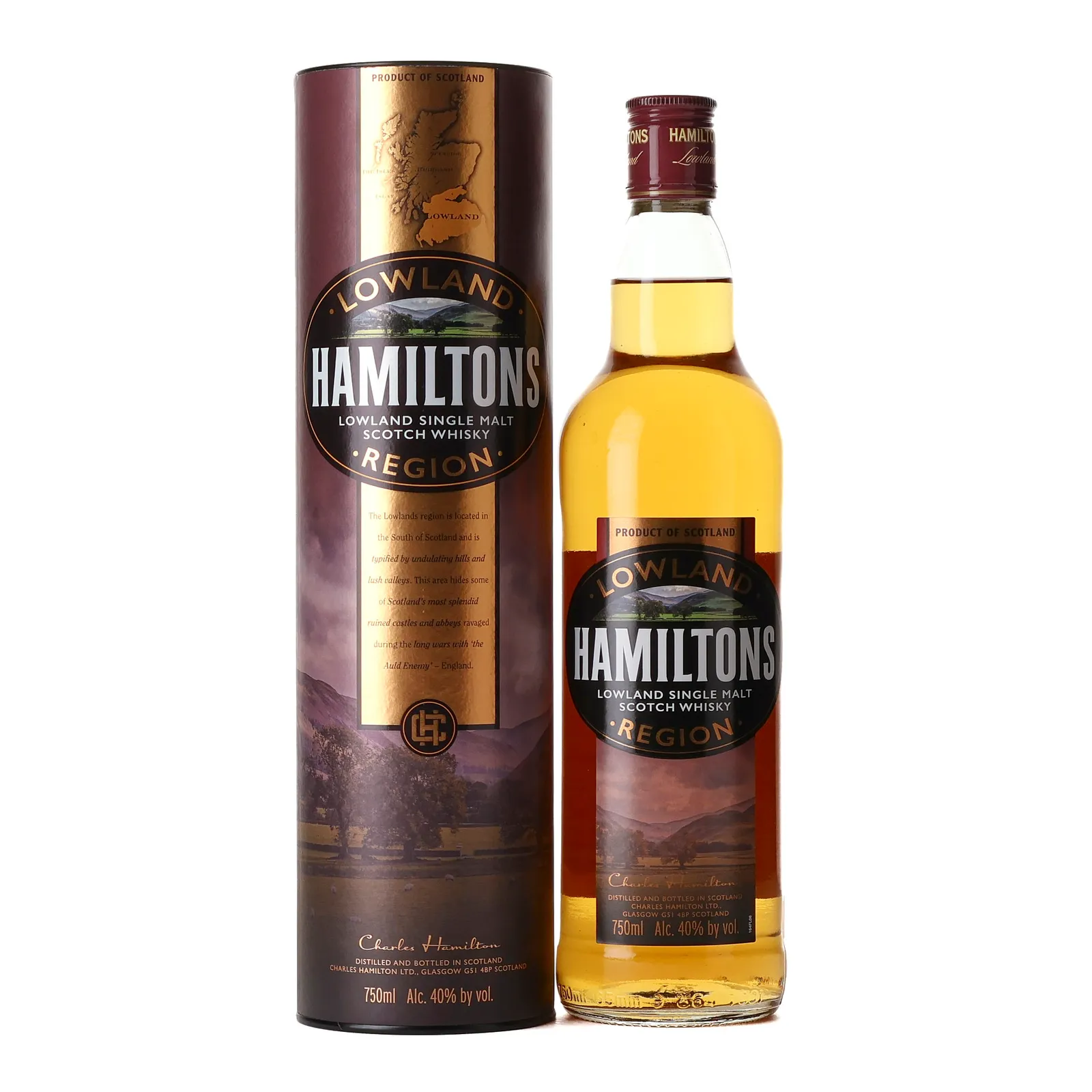 Hamiltons Lowland Single Malt Scotch, Charles Hamilton Blenders & Bottlers, 40% whisky bottle