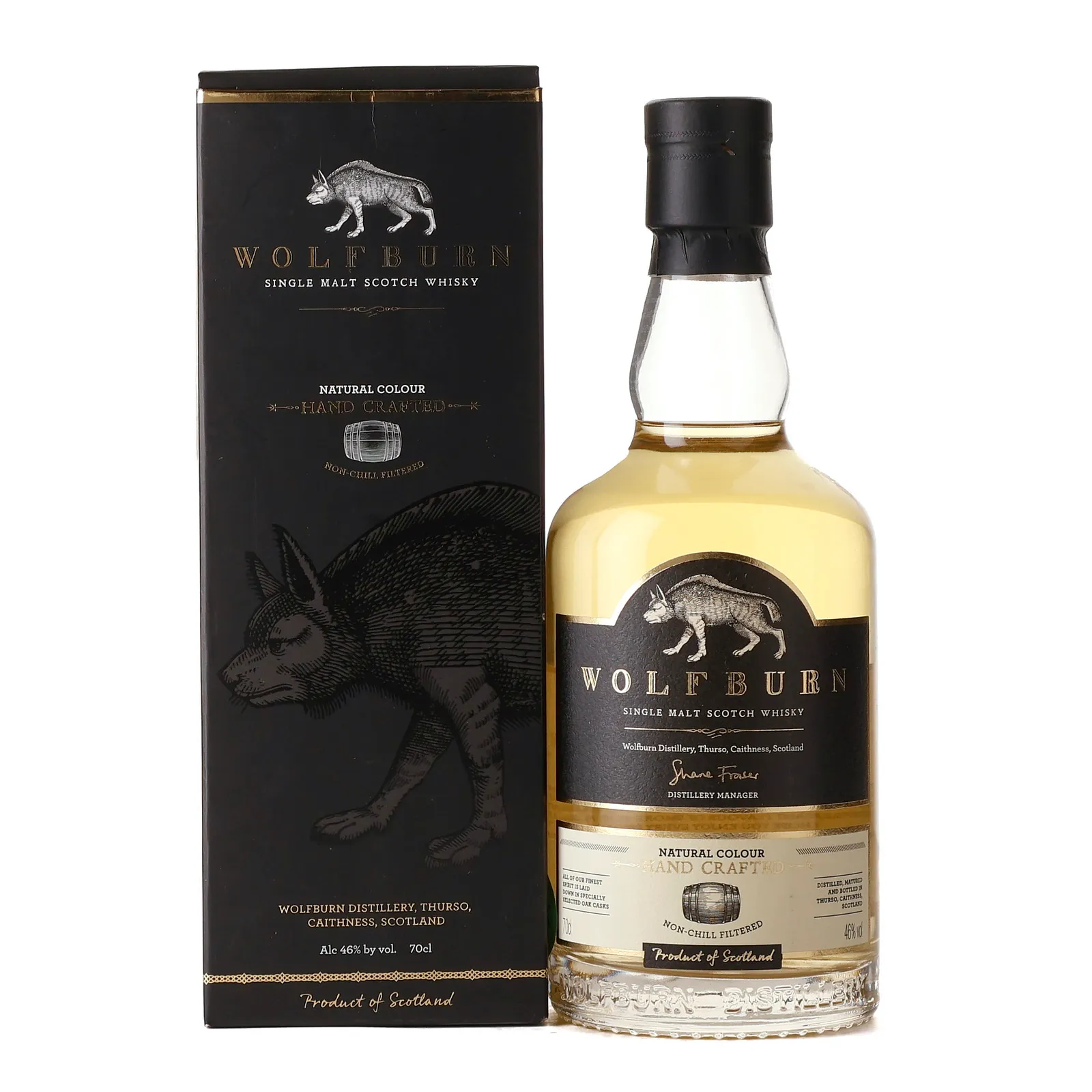 Wolfburn Hand Crafted 3 Year Old, Ex-Bourbon & Quarter Cask, 2016, 46% whisky bottle