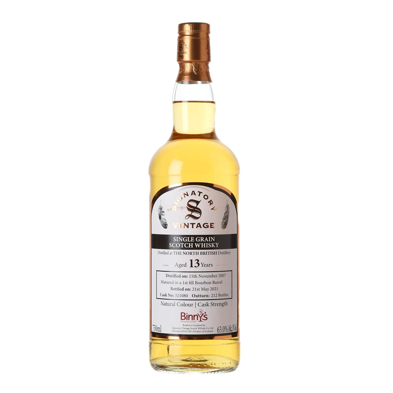 North British 13 Year Old, Bourbon Cask, Cask #321080, 2007, Signatory Vintage, 63% whisky bottle