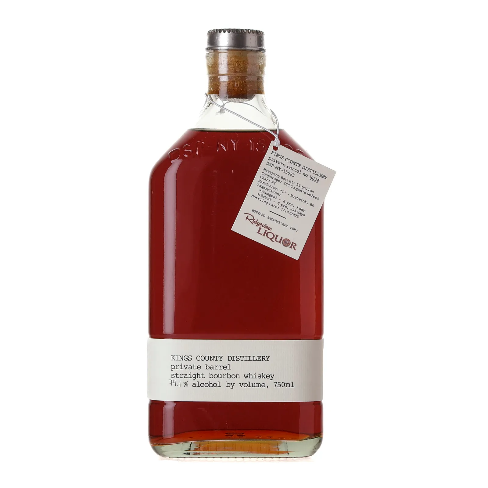 Kings County Private Barrel Straight Bourbon Ridgeview Liquor Selection 8 Year Old, Cask #R034, 2025, 74.1% whisky bottle