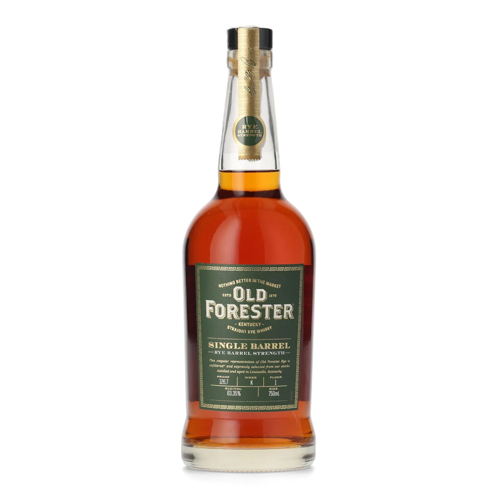 Old Forester Single Barrel Barrel Strength Rye, New Charred Oak Cask, Cask No. K, 63.55% whisky bottle