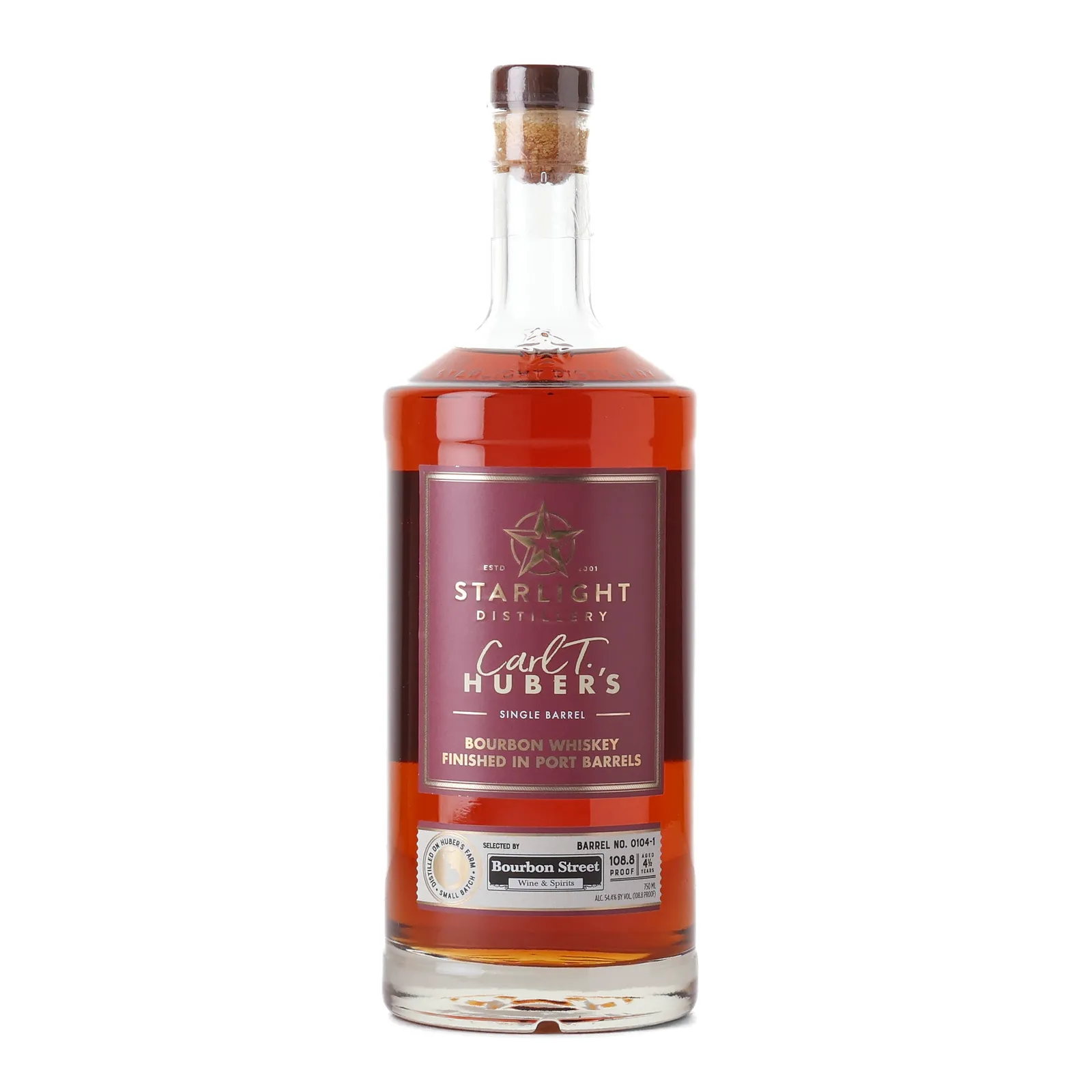 Starlight Carl T. Huber's Single Barrel Bourbon Whiskey Finished in Port Barrels 4 Year Old, Port Cask, Cask #0104-1, 54.4% whisky bottle