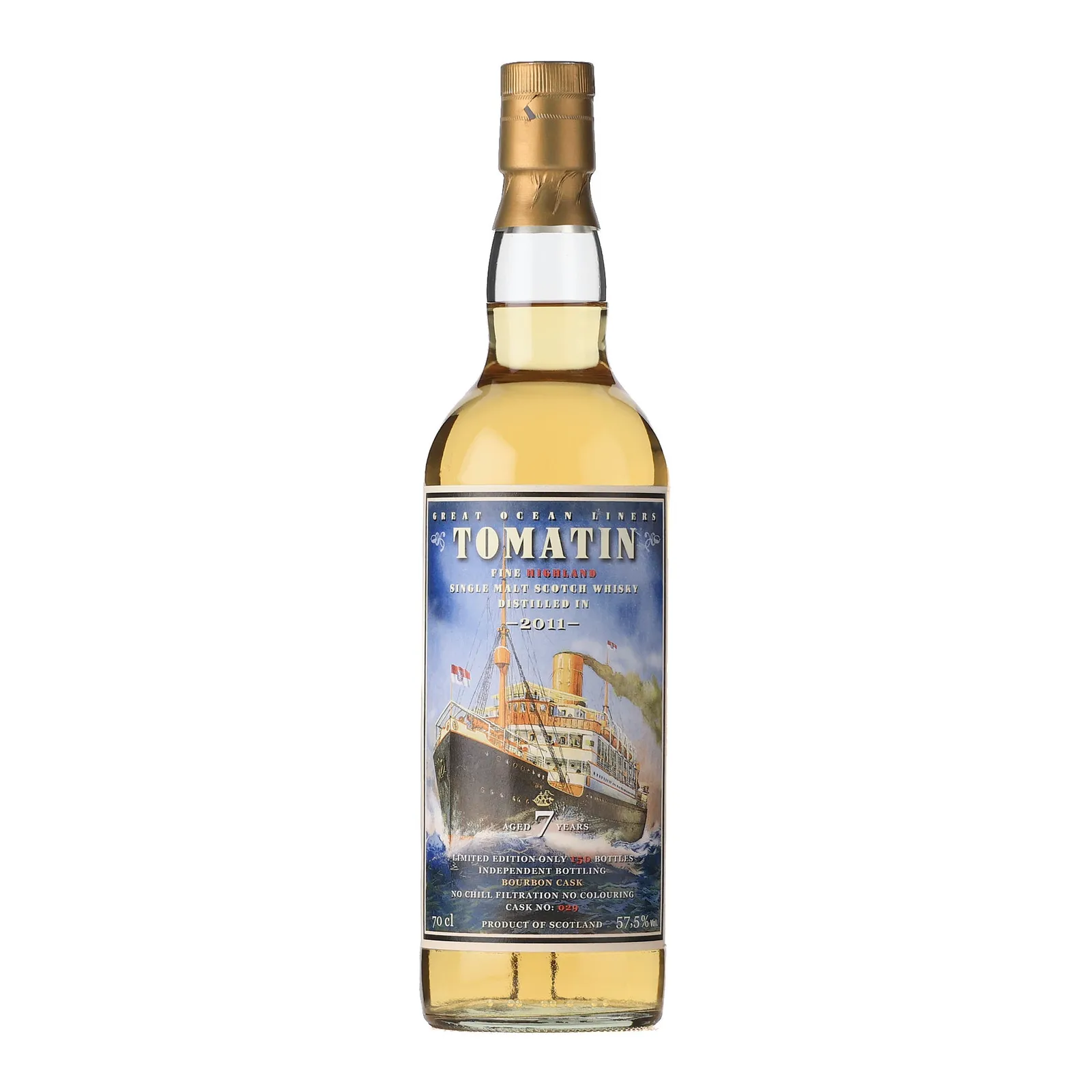 Tomatin Great Ocean Liners 7 Year Old, Bourbon Cask, Cask #029, 2011, Jack Wiebers, 57.5% whisky bottle