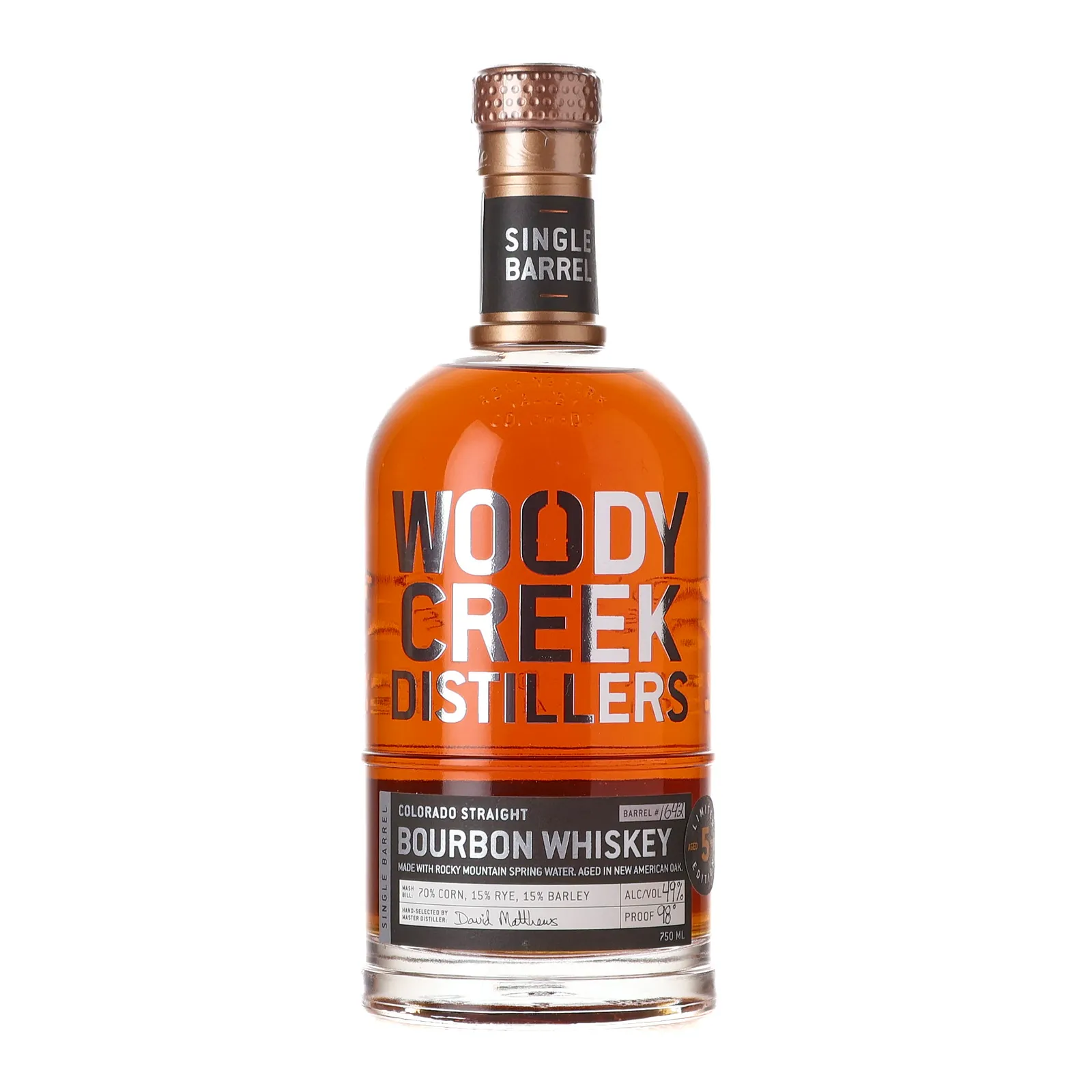 Woody Creek Distillers Colorado Straight Bourbon Whiskey Riverton Party Store Barrel Selection 5 Year Old, New American Oak Cask, Cask #1642, 49% whisky bottle