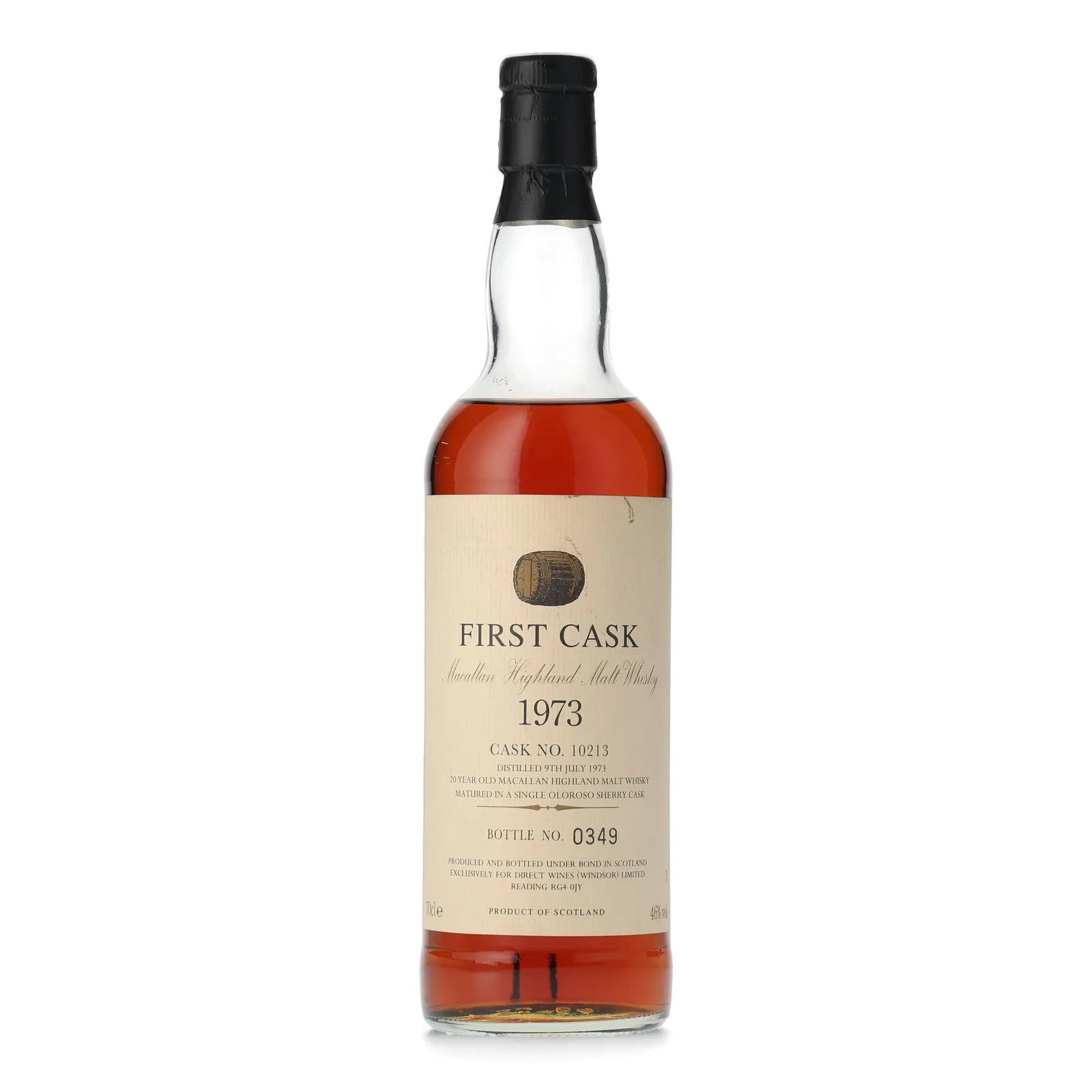 Macallan First Cask #20 Year Old, Sherry Cask, Cask #10213, 1973, Direct Wines, 46% whisky bottle