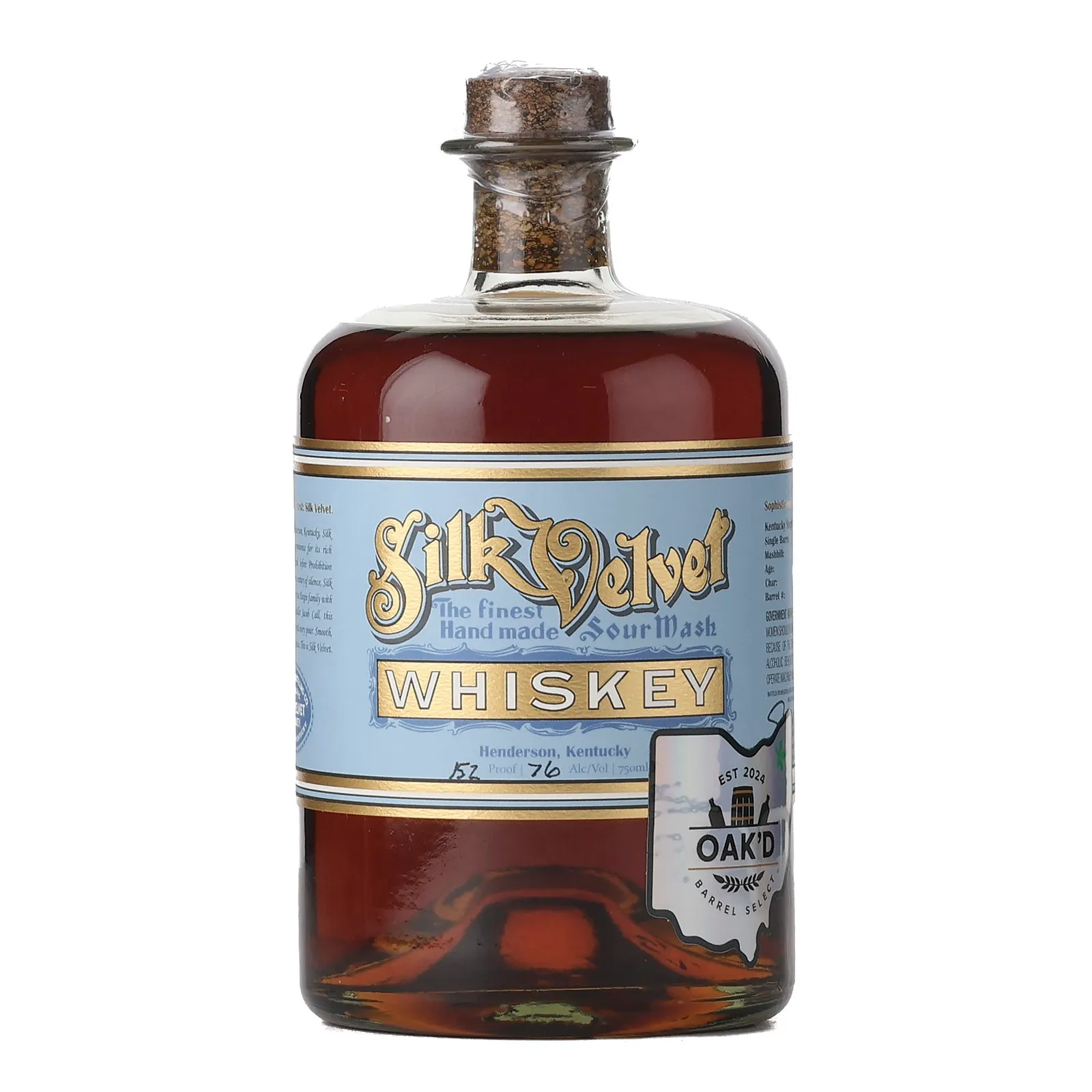 Silk Velvet Sour Mash Whiskey 'Oak'D' Private Barrel Selection, 2024, 76% whisky bottle
