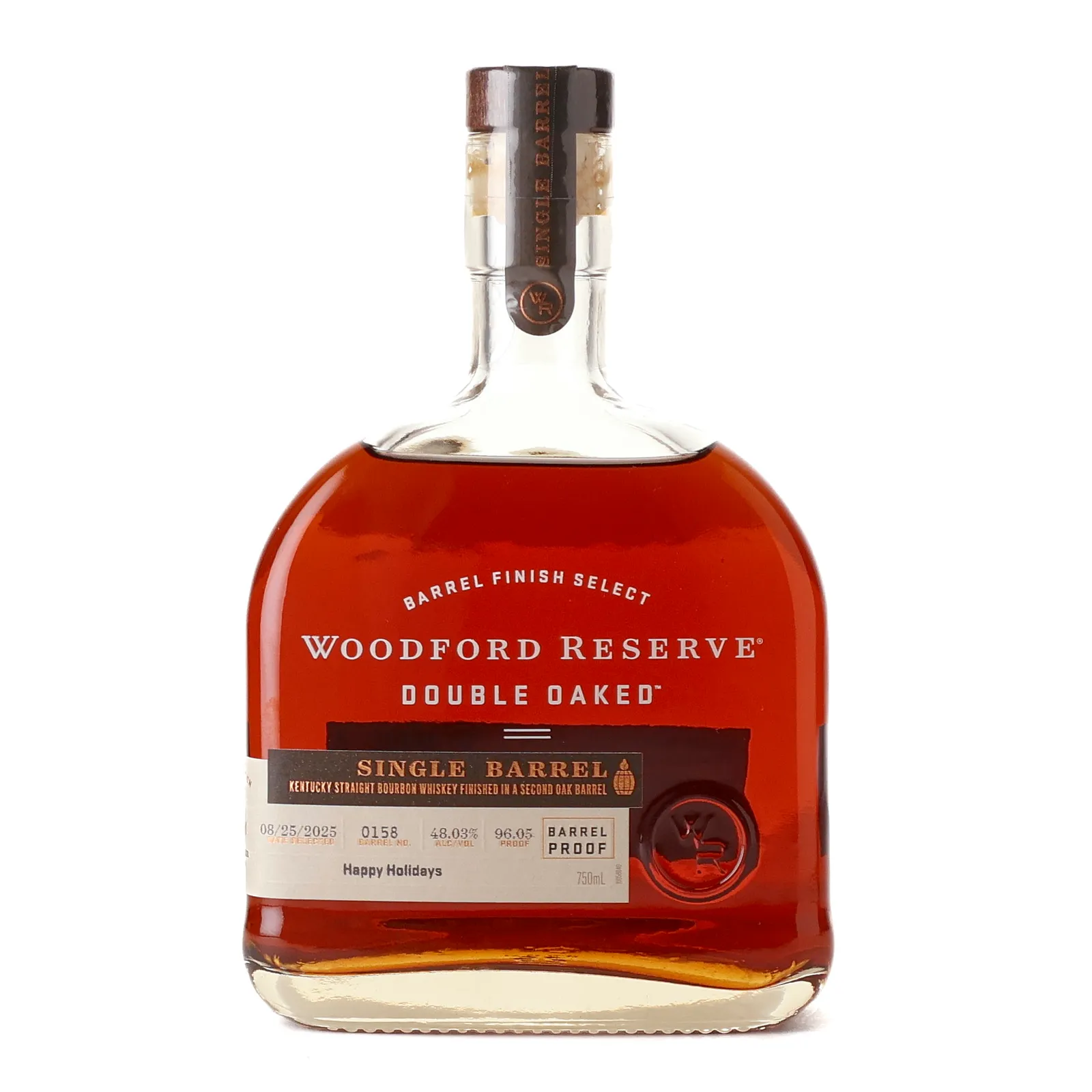 Woodford Reserve Double Oaked Single Barrel Happy Holidays, Oak Cask, Cask #0158, 2025, 48.03% whisky bottle