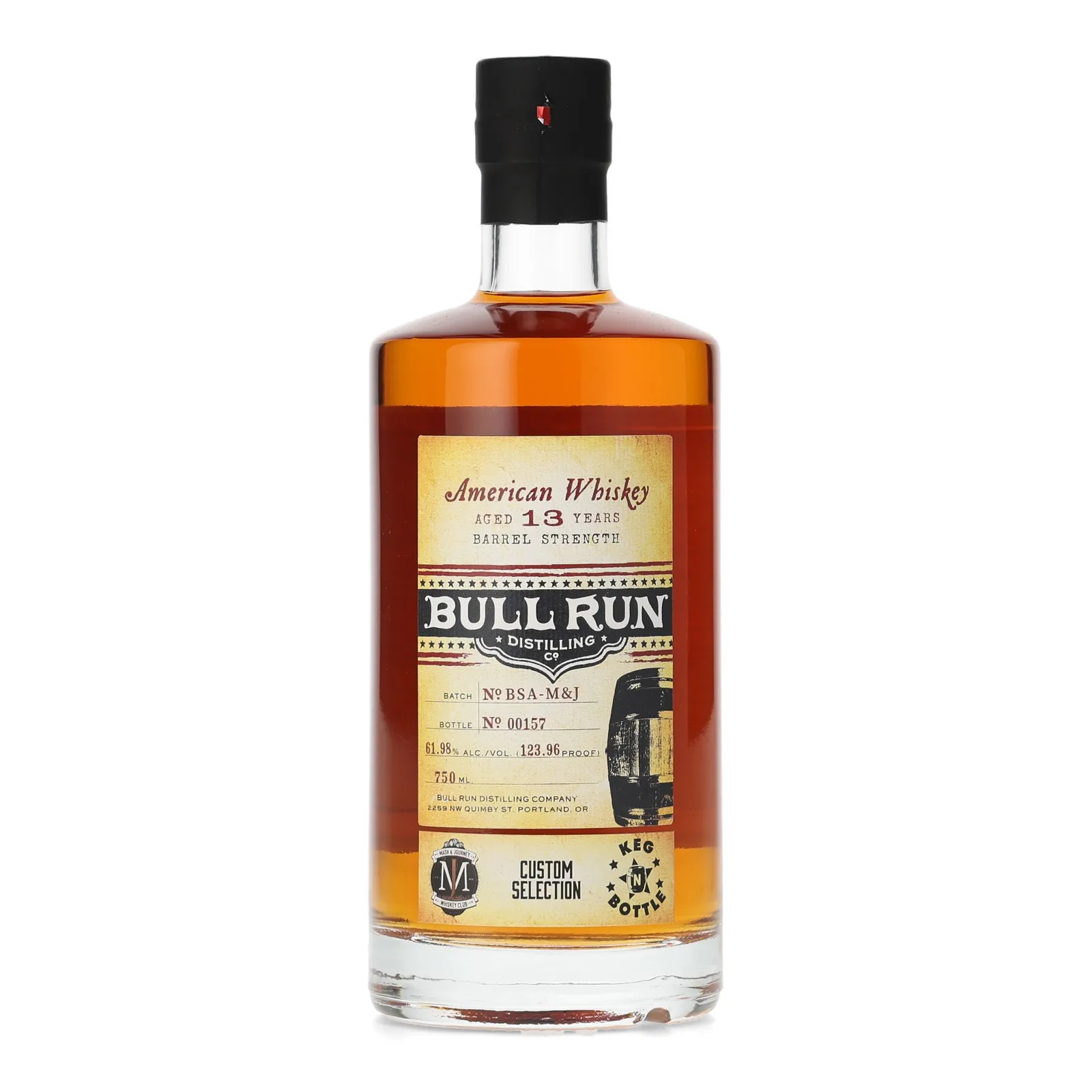 Bull Run American Whiskey 'Mash & Journey & Keg N Bottle' 13 Year Old, Batch No. BSA-M&J, 61.98% whisky bottle