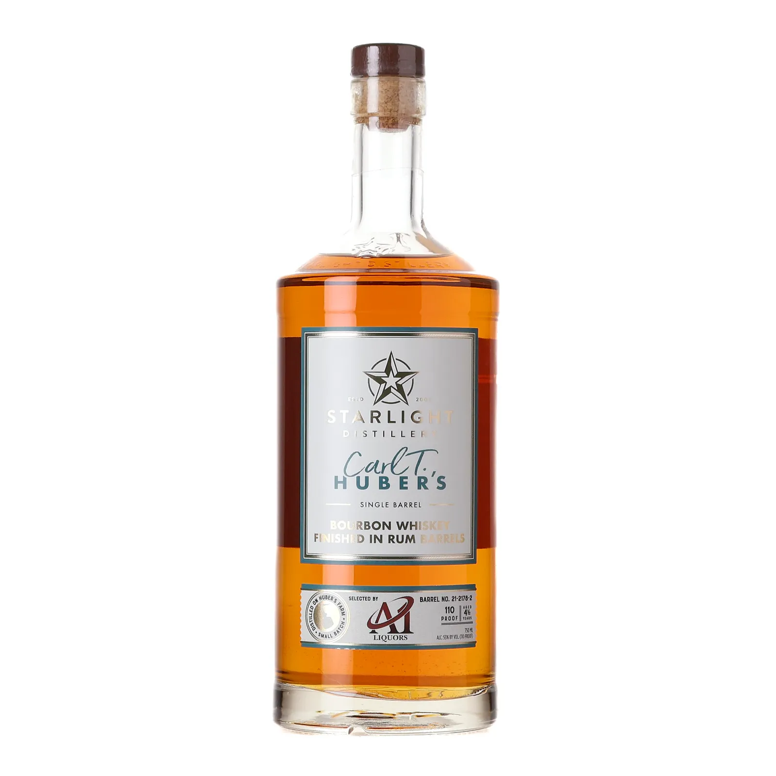 Starlight Distillery Carl T. Huber's Single Barrel Finished in Rum Barrels A1 Liquors Selection 4 Year Old, Rum Cask, Cask #21-2178-2, 55% whisky bottle