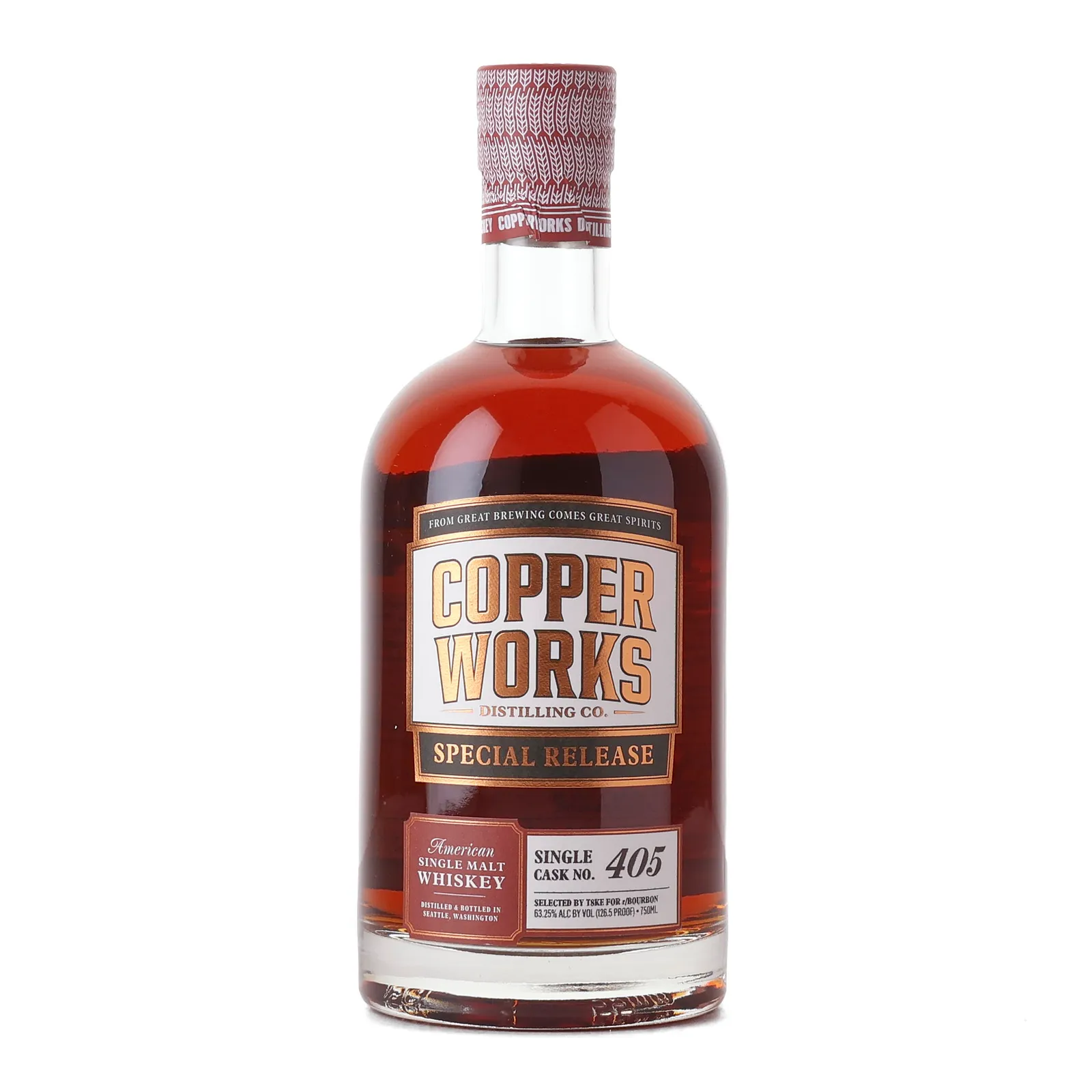 Copperworks Special Release American Single Malt r/Bourbon 3 Year Old, New American Oak Cask, Cask #405, 63.25% whisky bottle