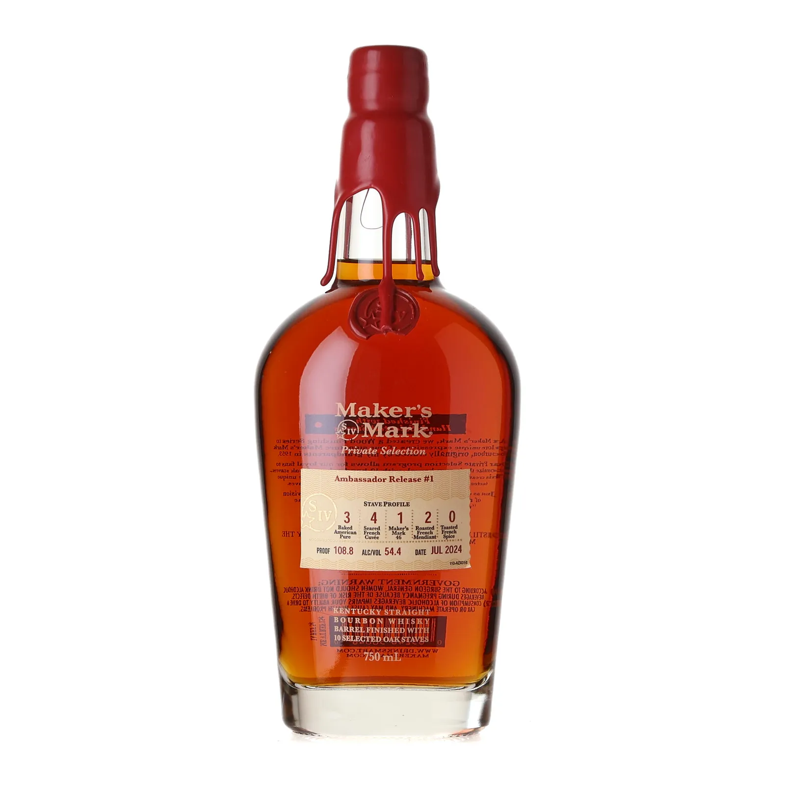 Maker's Mark Private Selection Ambassador Release 1, Oak Staves Cask, Stave Profile CM 3 4 1 2 0, 2024, 54.4% whisky bottle