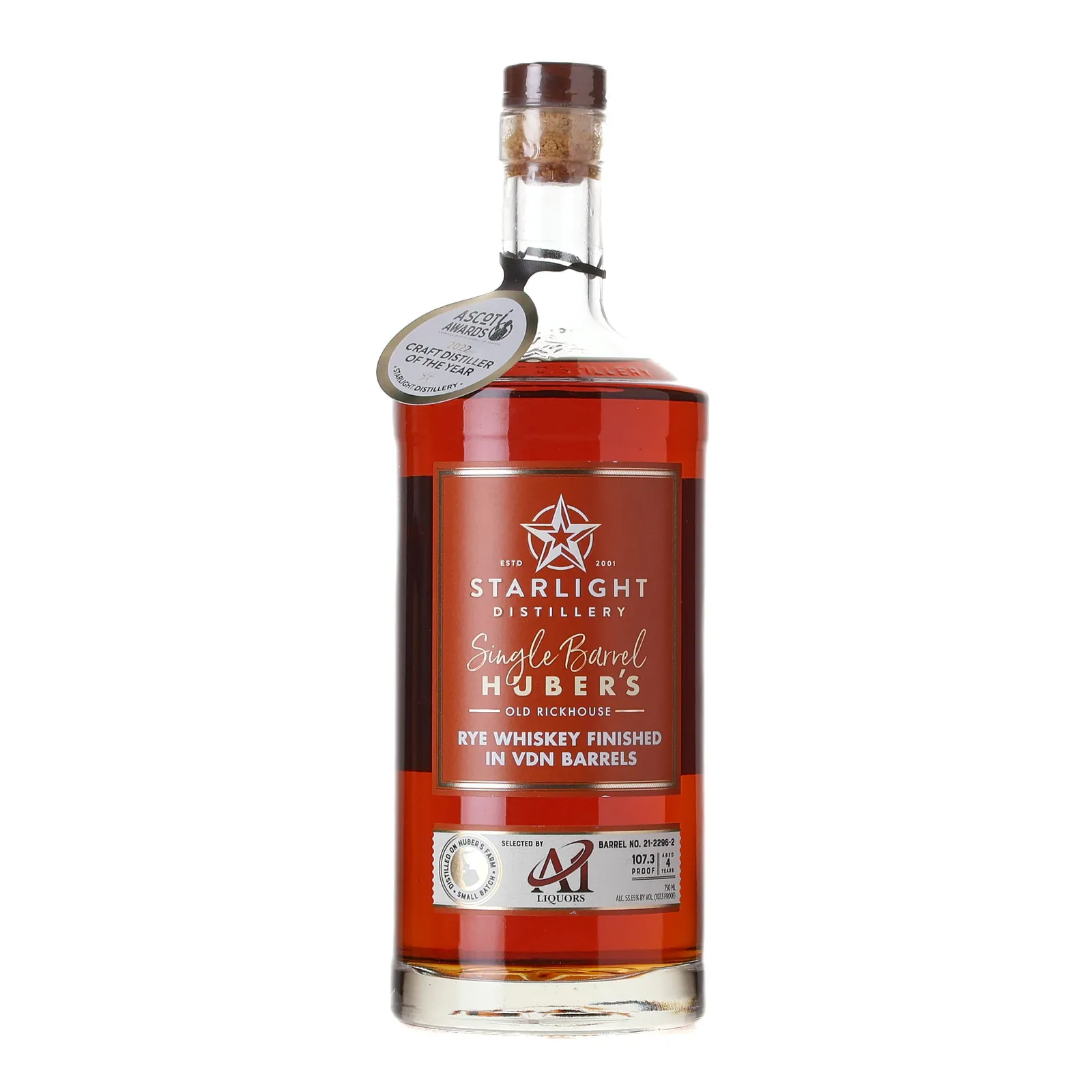 Starlight Single Barrel Huber's Old Rickhouse VDN Finish Selected by A1 Liquors 4 Year Old, Cask #21-2296-2, 53.65% whisky bottle