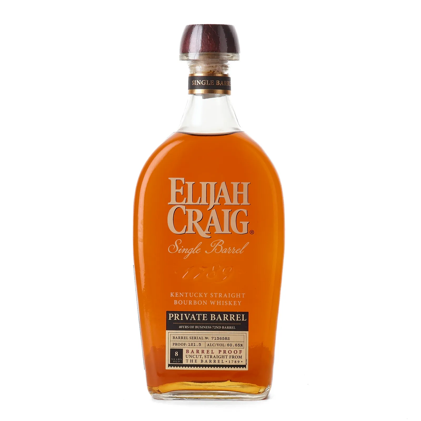 Elijah Craig 40Yrs of Business Private Barrel Selection 8 Year Old, New Charred Oak Cask, Cask #7136582, 40Yrs of Business 72nd Barrel, 60.6% whisky bottle